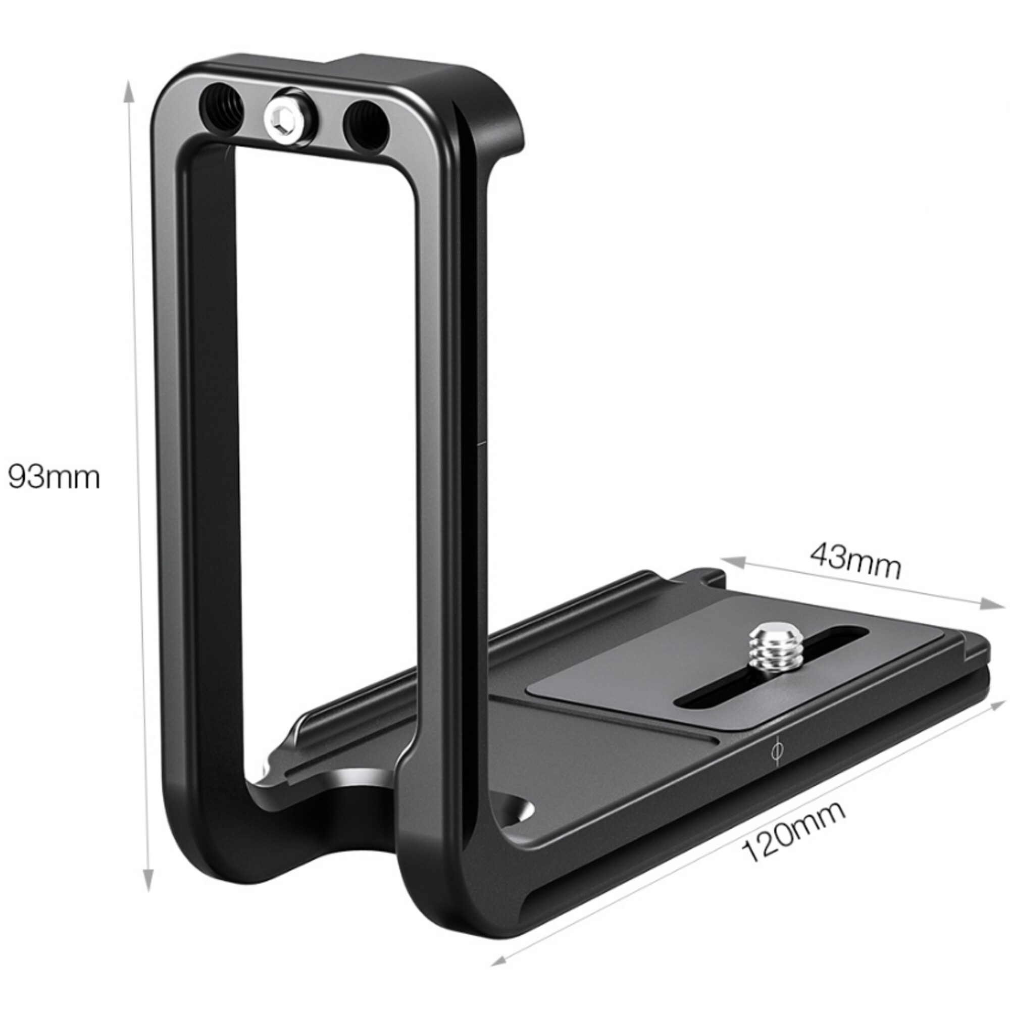 Eine schwarze L-förmige Kamerahalterung mit den Maßen 93 mm, 43 mm und 120 mm.