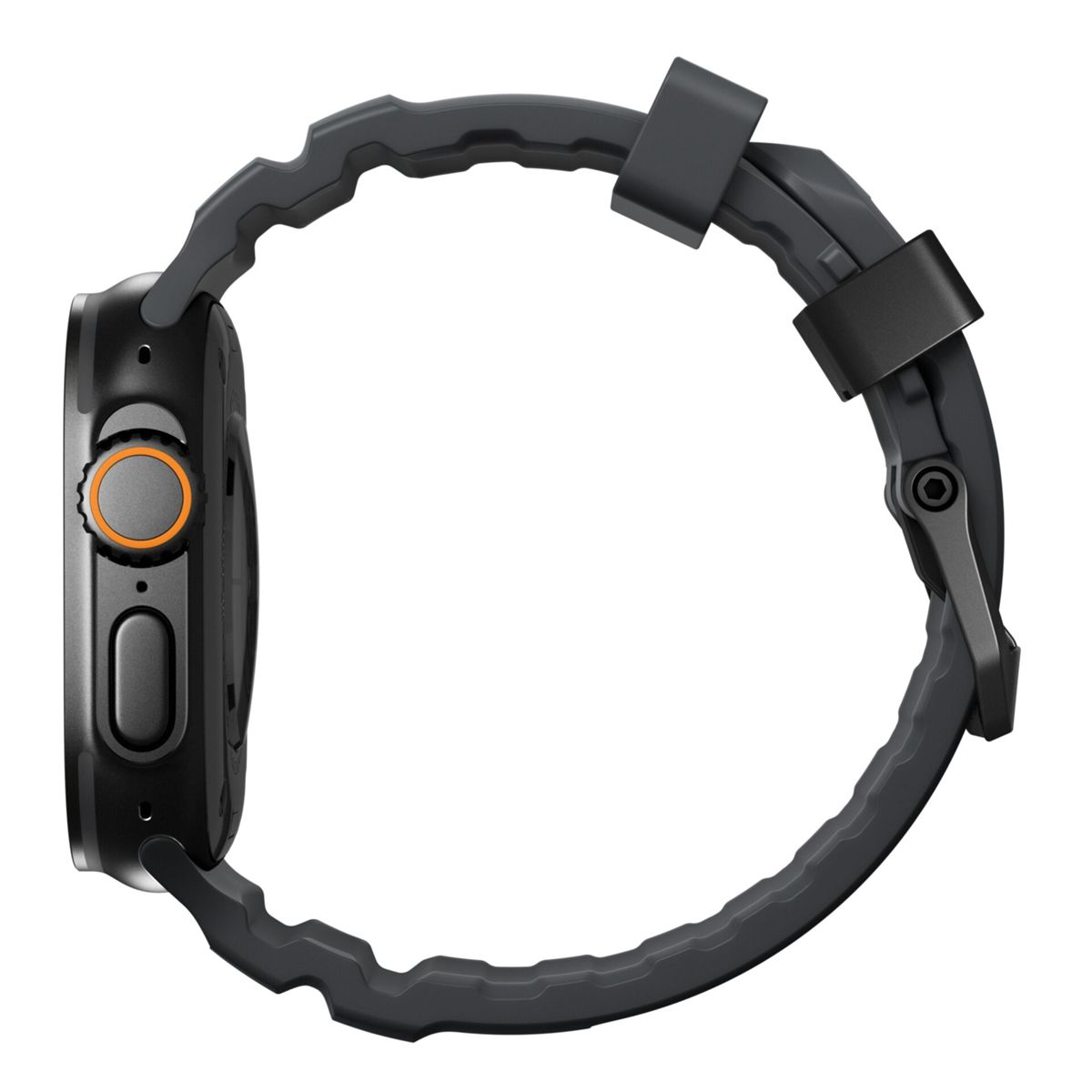 Vista lateral de un smartwatch negro con correa gris oscuro. Cuenta con una corona digital.