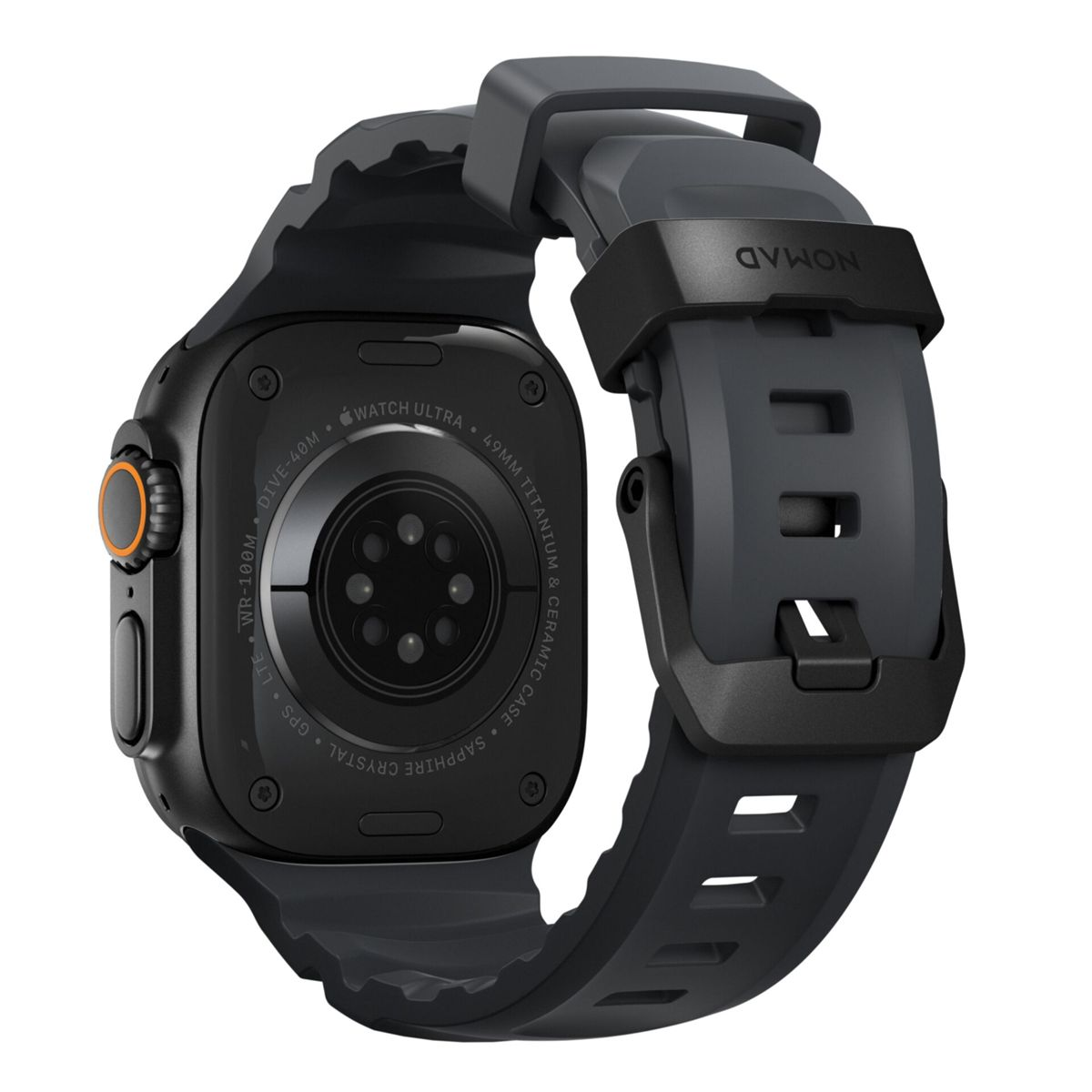 Apple Watch Ultra negra con correa Nomad gris oscuro, vista trasera.