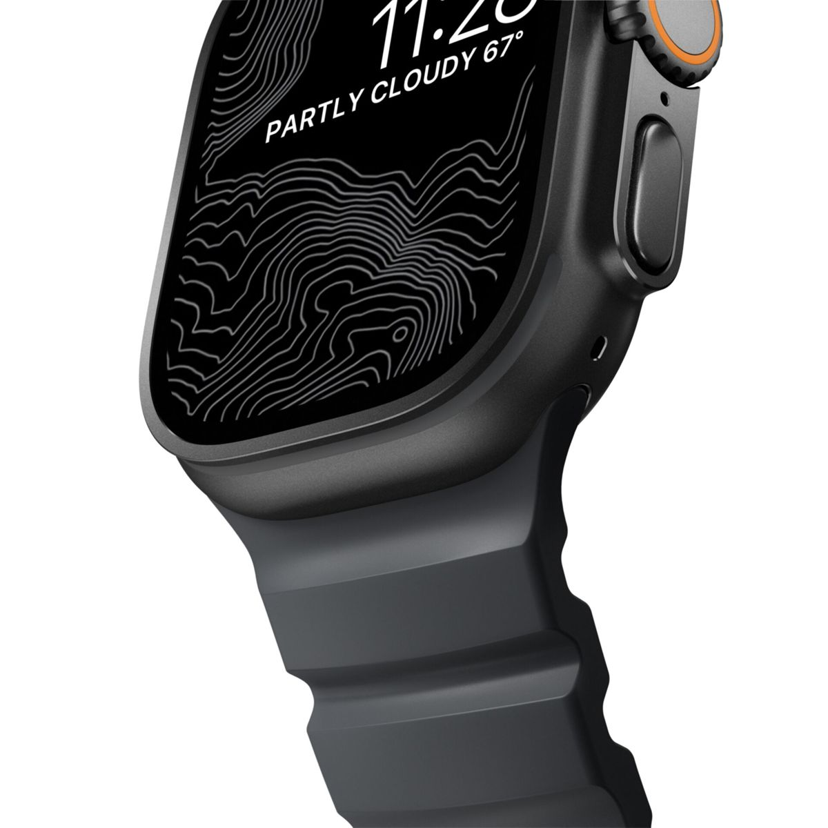 Primer plano de un reloj inteligente gris oscuro con mapa topográfico en pantalla.