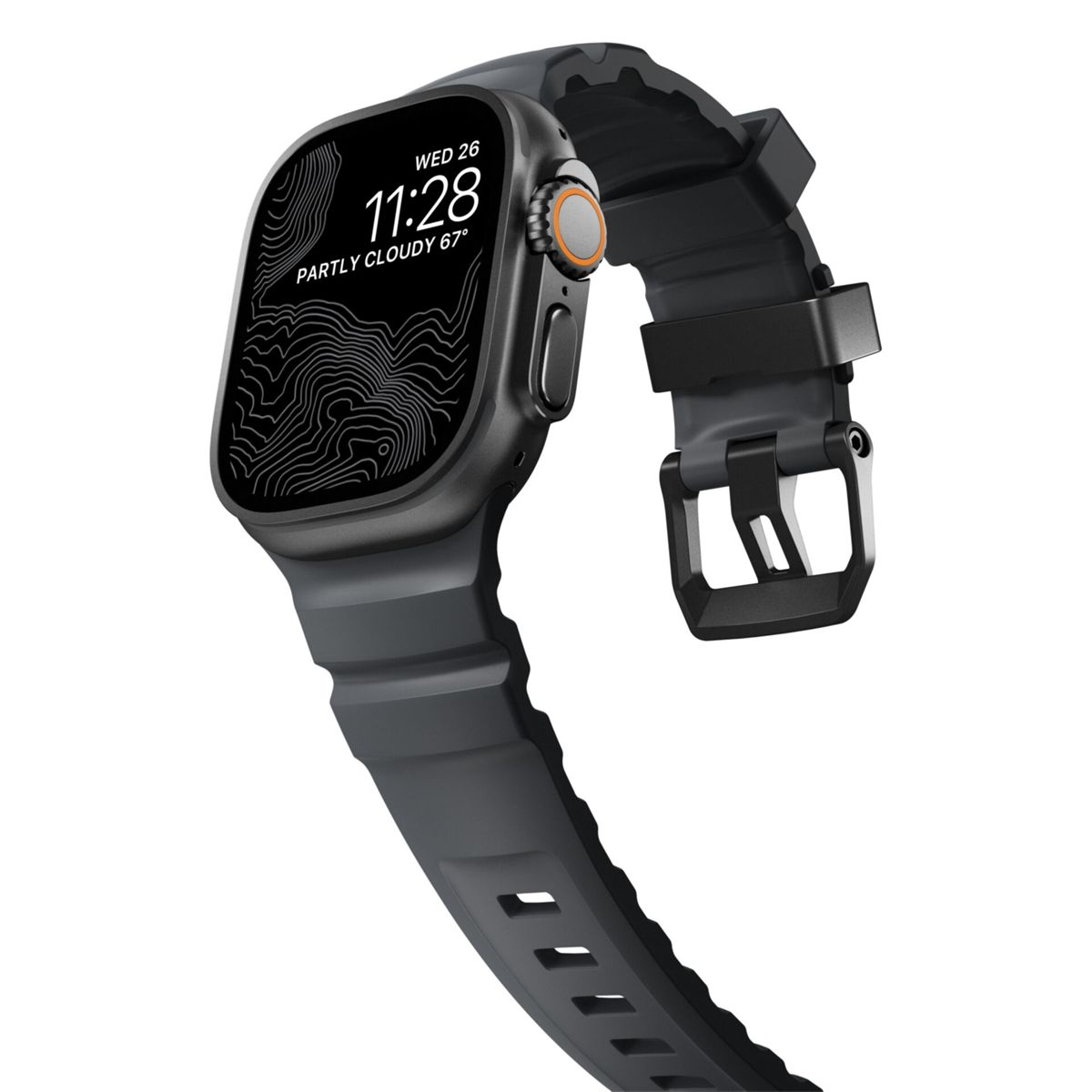 Un reloj inteligente gris oscuro con banda negra y pantalla digital que muestra hora y clima.