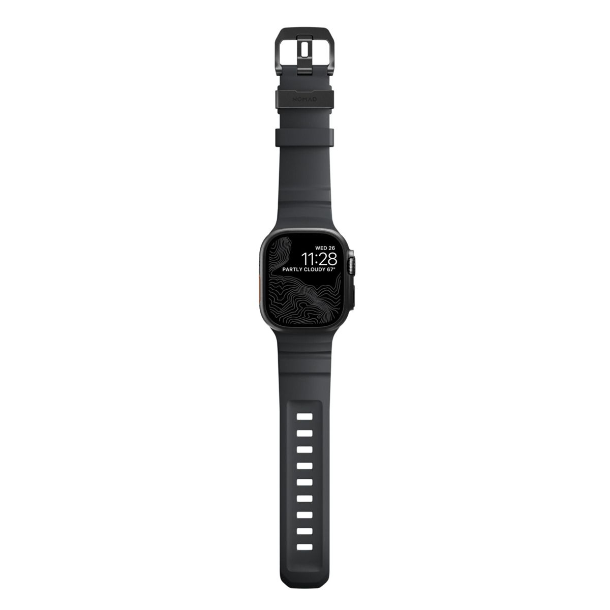 Un reloj inteligente oscuro con banda negra y logo "Nomad". Muestra las 11:28.
