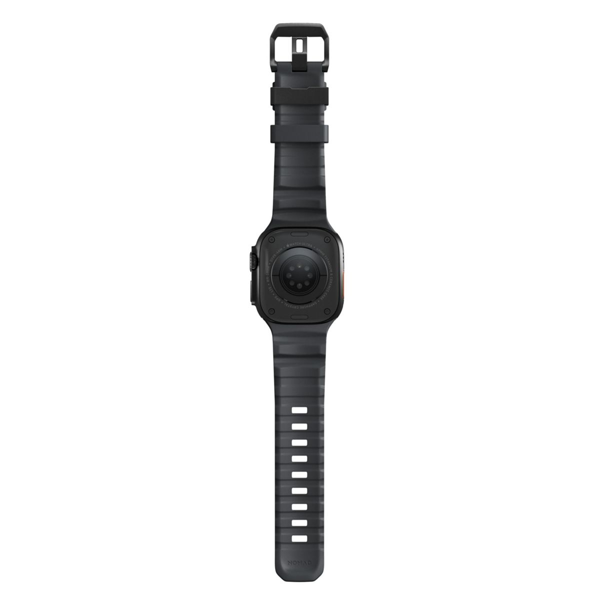 Un Apple Watch Ultra negro con correa negra. Se ve la parte trasera del reloj.