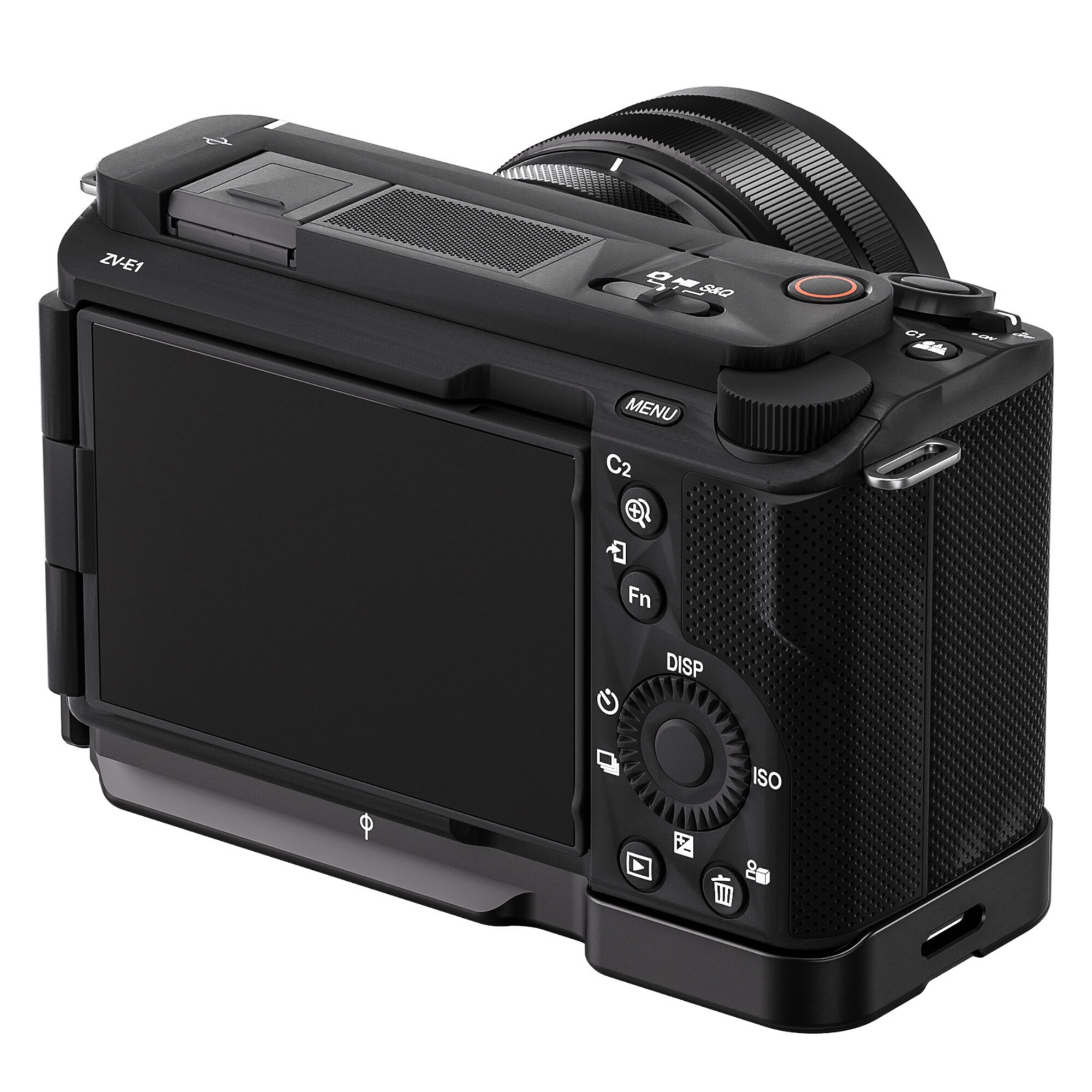 Schwarze Sony ZV-E1 Kamera mit Objektiv, Bildschirm und Knöpfen. Draufsicht.