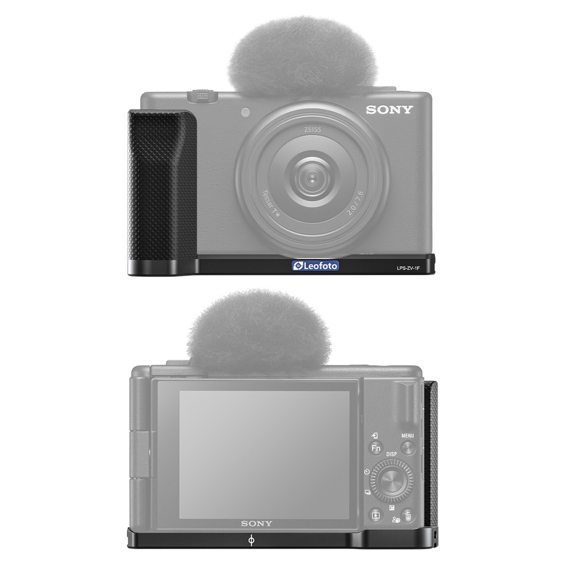 Sony Kamera mit Leofoto Griff. Vorder- und Rückansicht.
