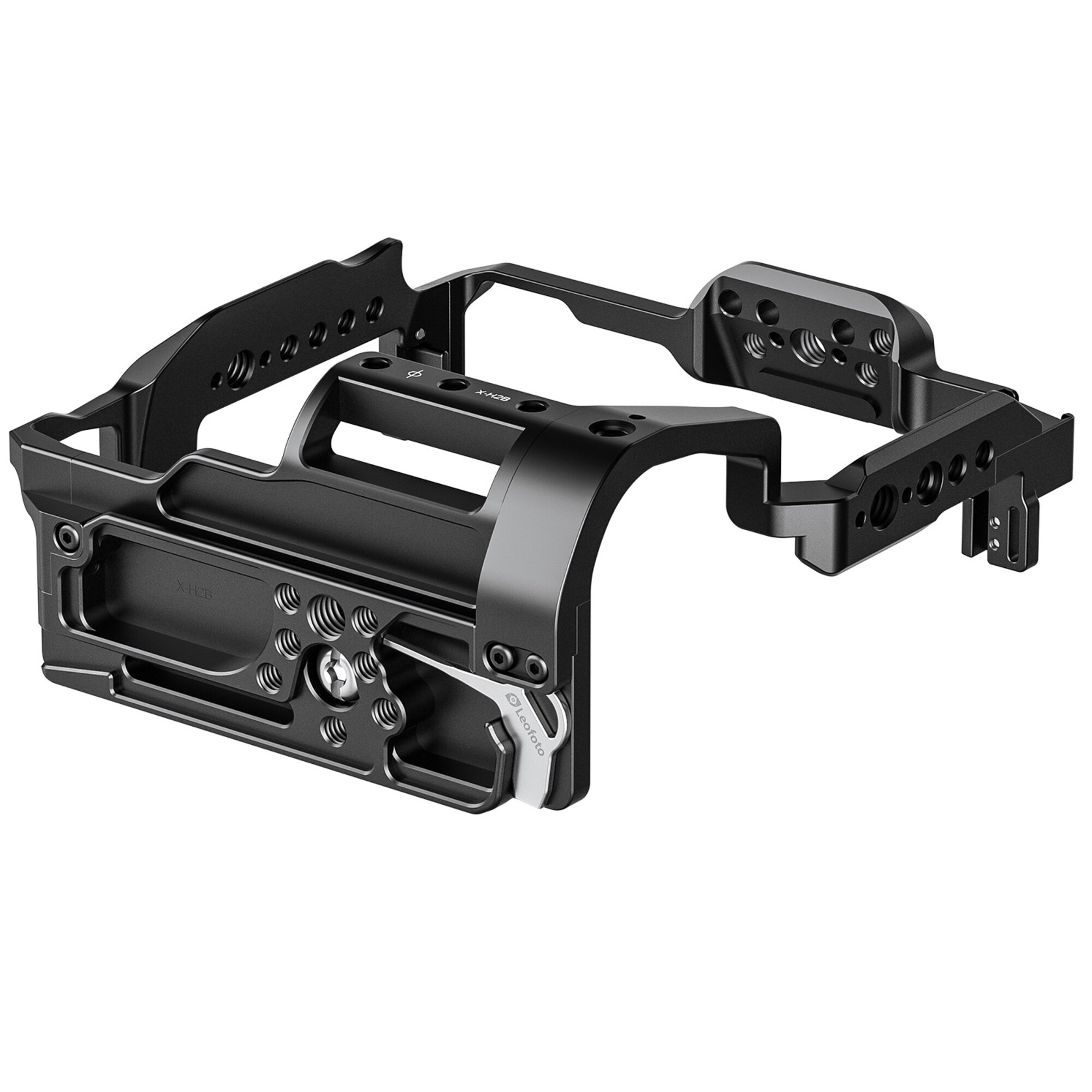 Ein schwarzer, metallischer Kamerakäfig mit vielen Schraubenlöchern und einem Griff.