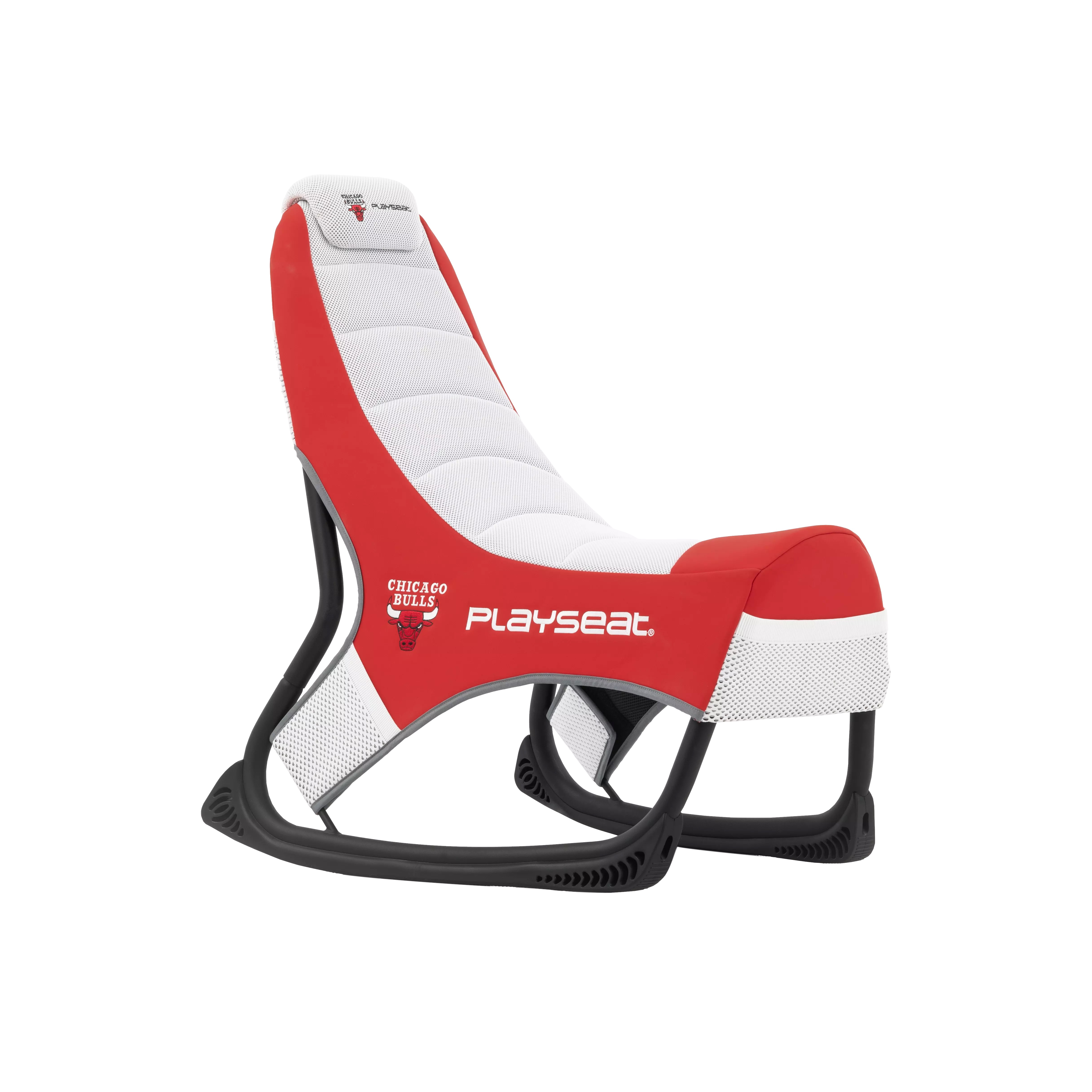 Sedia da gaming rossa e bianca con logo Chicago Bulls e marchio Playseat.