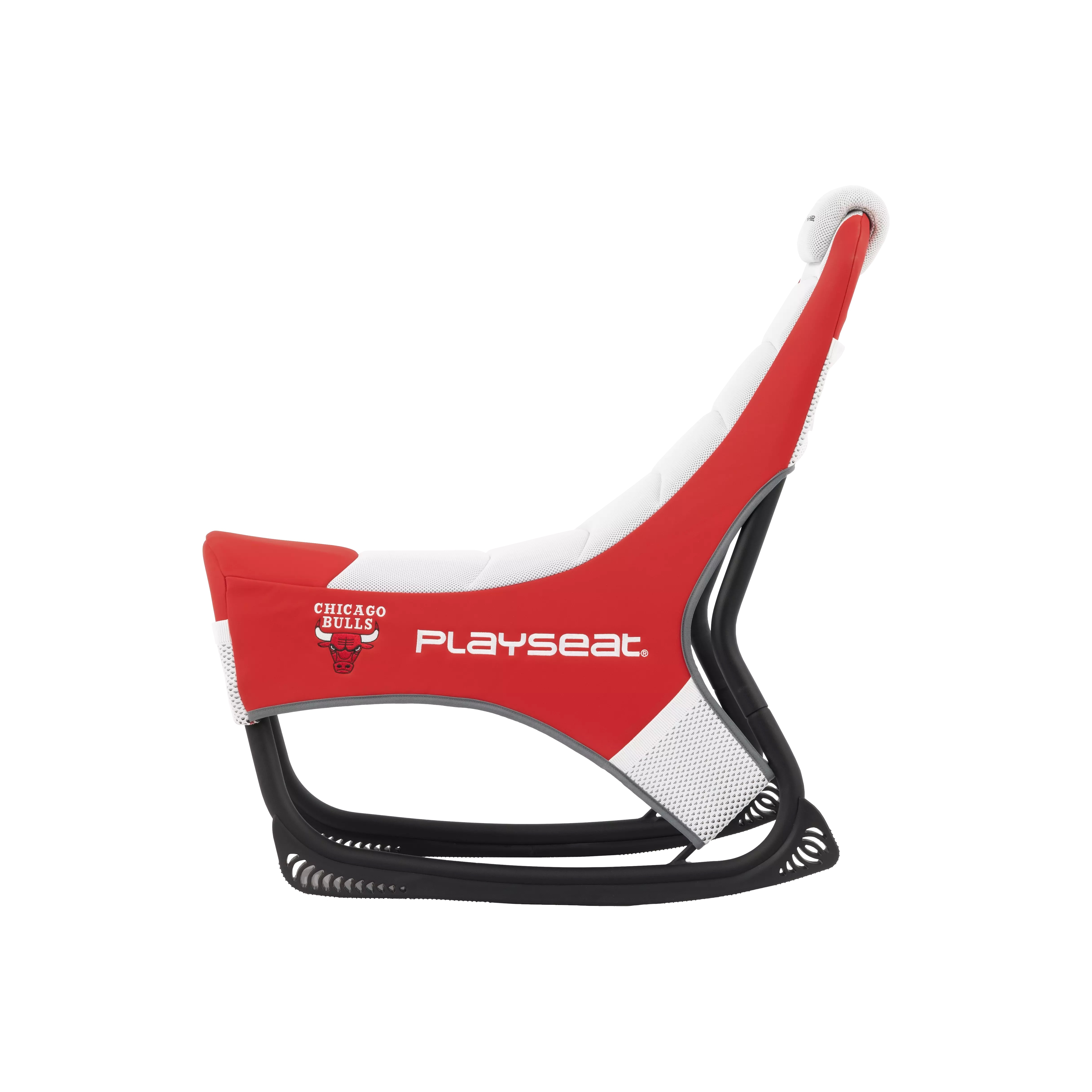 Sedia Playseat rossa e bianca con logo Chicago Bulls e base nera.