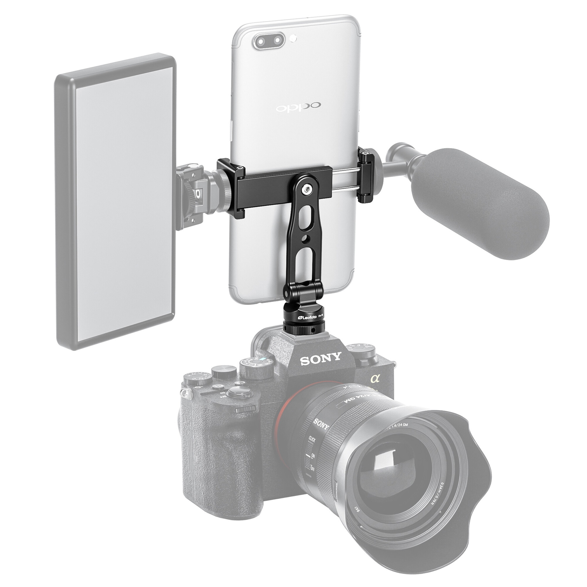 Sony-Kamera mit Handyhalterung, Lichtplatte und Mikrofonbefestigung.