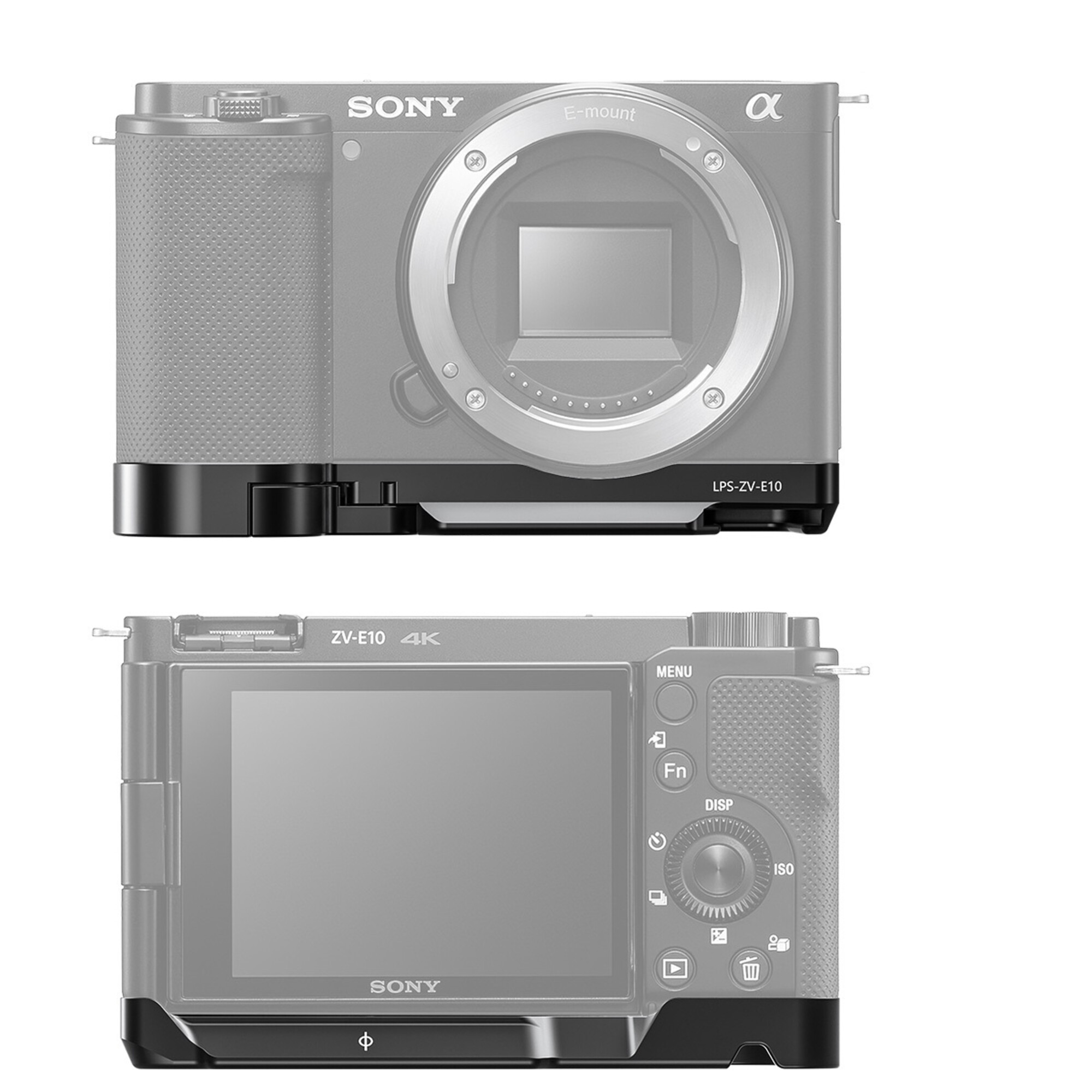 Vorder- und Rückansicht der Sony ZV-E10 Kamera mit Griffverlängerung.