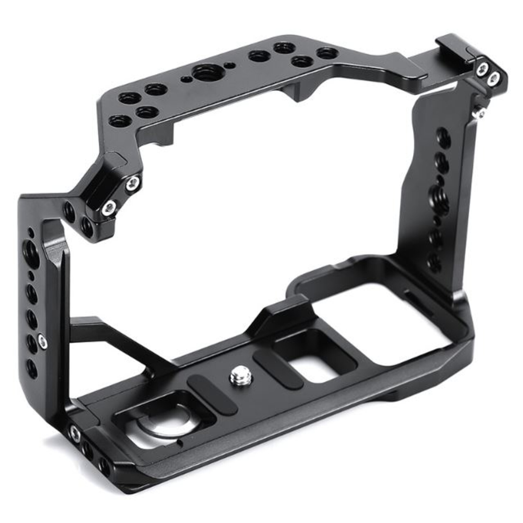 Ein schwarzer Kamerakäfig aus Metall mit mehreren Befestigungspunkten und Schraubenlöchern.