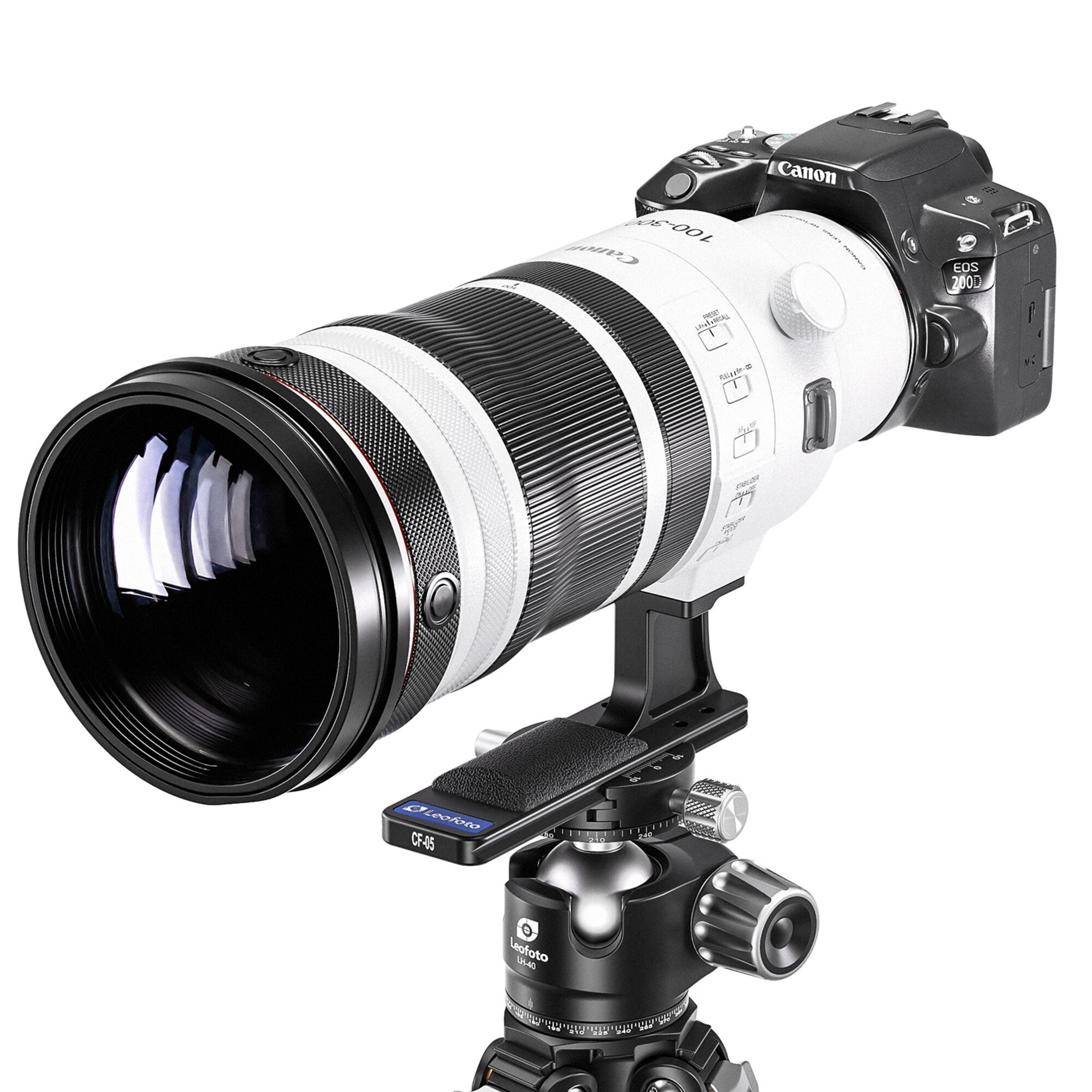 Eine Canon EOS 200D Kamera mit einem weißen Canon 100-300mm Objektiv auf einem Leofoto Stativ.