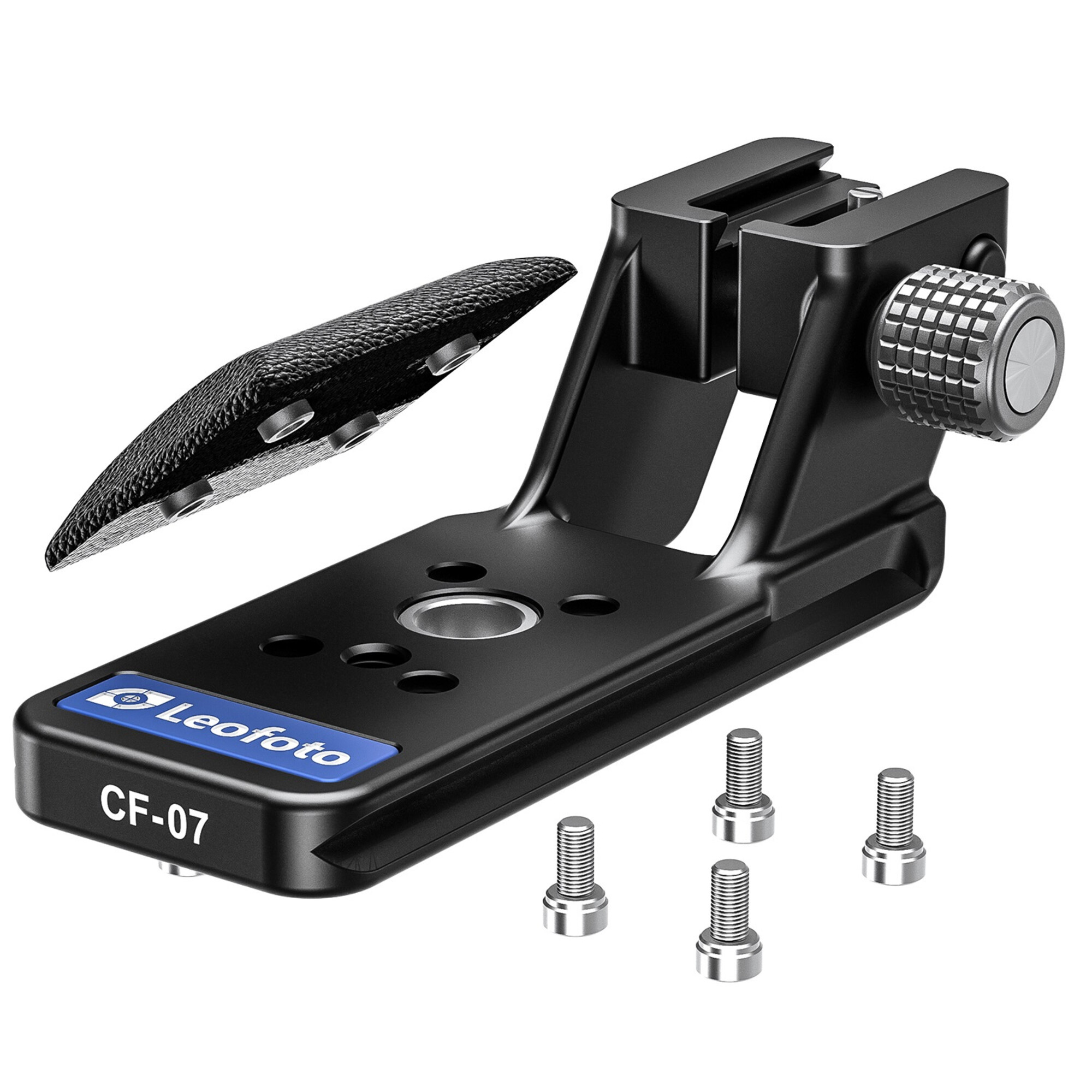Schwarze Leofoto CF-07 Kamerahalterung mit Schrauben und Griffpolster.