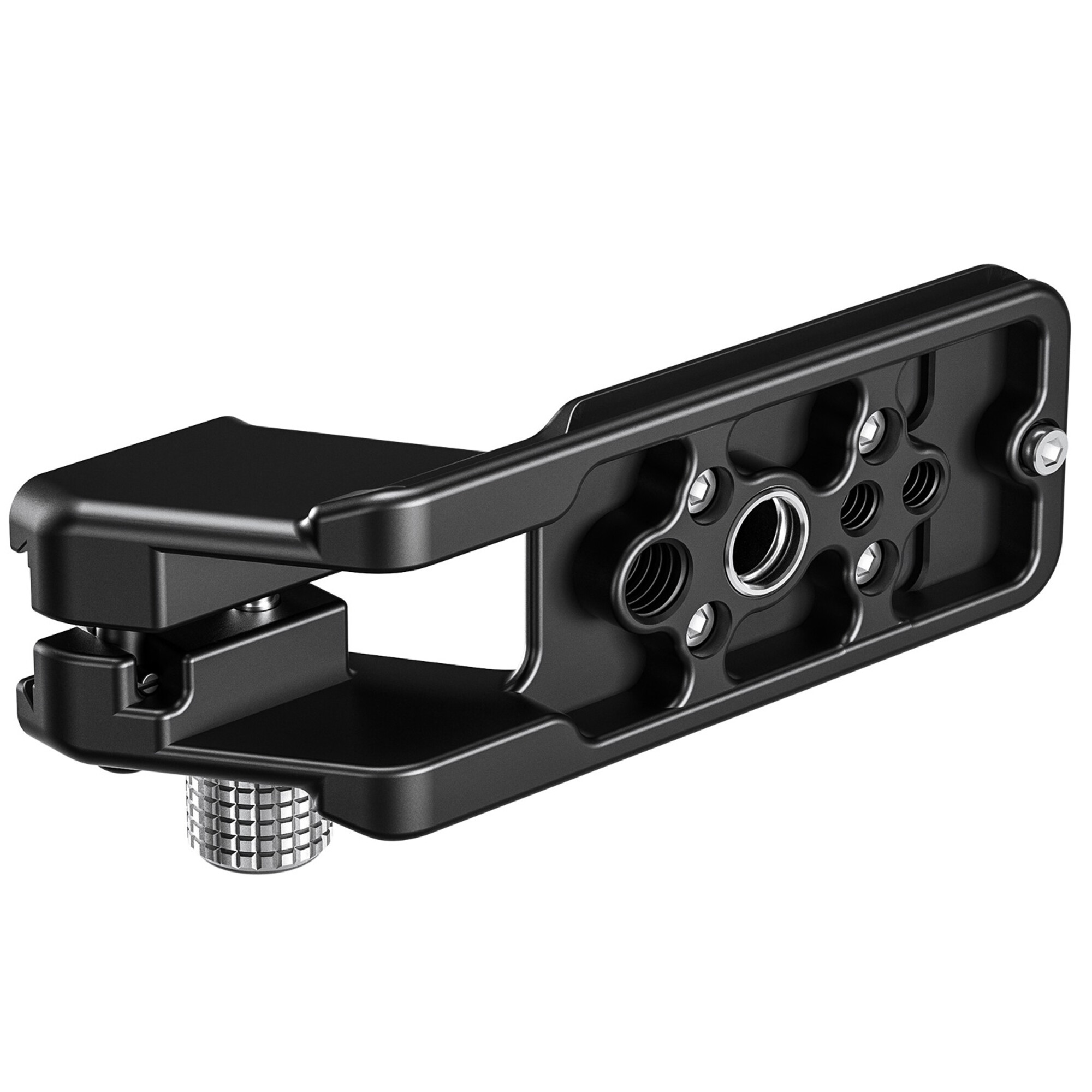 Eine schwarze Schnellwechselplatte aus Metall für Kameras mit Schraubbefestigung und Gewindelöchern.