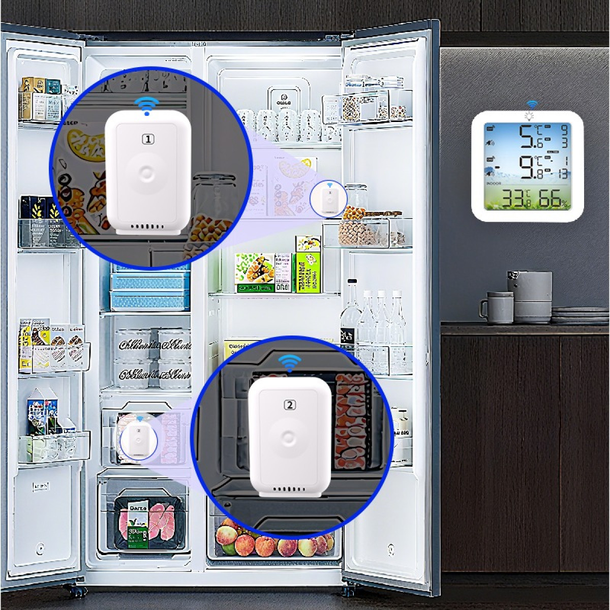 Otwarta lodówka z czujnikami i cyfrowym termometrem pokazującym temperaturę i wilgotność.