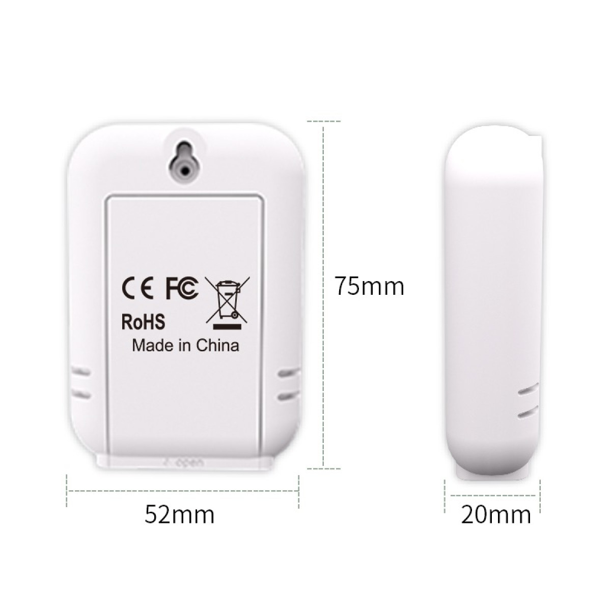 Białe urządzenie o wymiarach 52x75x20mm. Tył z oznaczeniami CE, FC, RoHS.