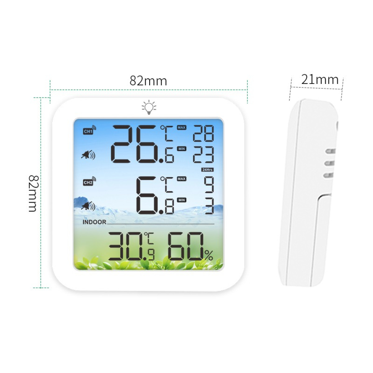 Termometr cyfrowy pokazuje temp. wewn. 30.5C, wilgotność 60%. Temp. zewn. CH1: 26C, CH2: 6.8C.