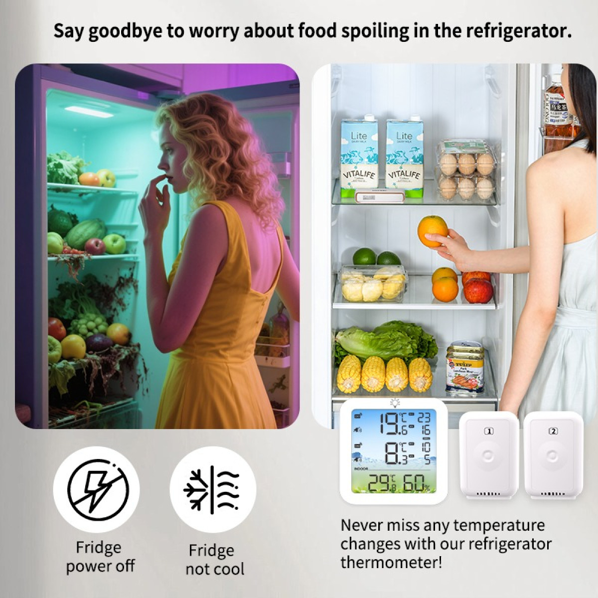 Kobieta w żółtej sukience patrzy na bałaganiarską lodówkę. Druga lodówka pokazuje jedzenie, termometr i czujniki.