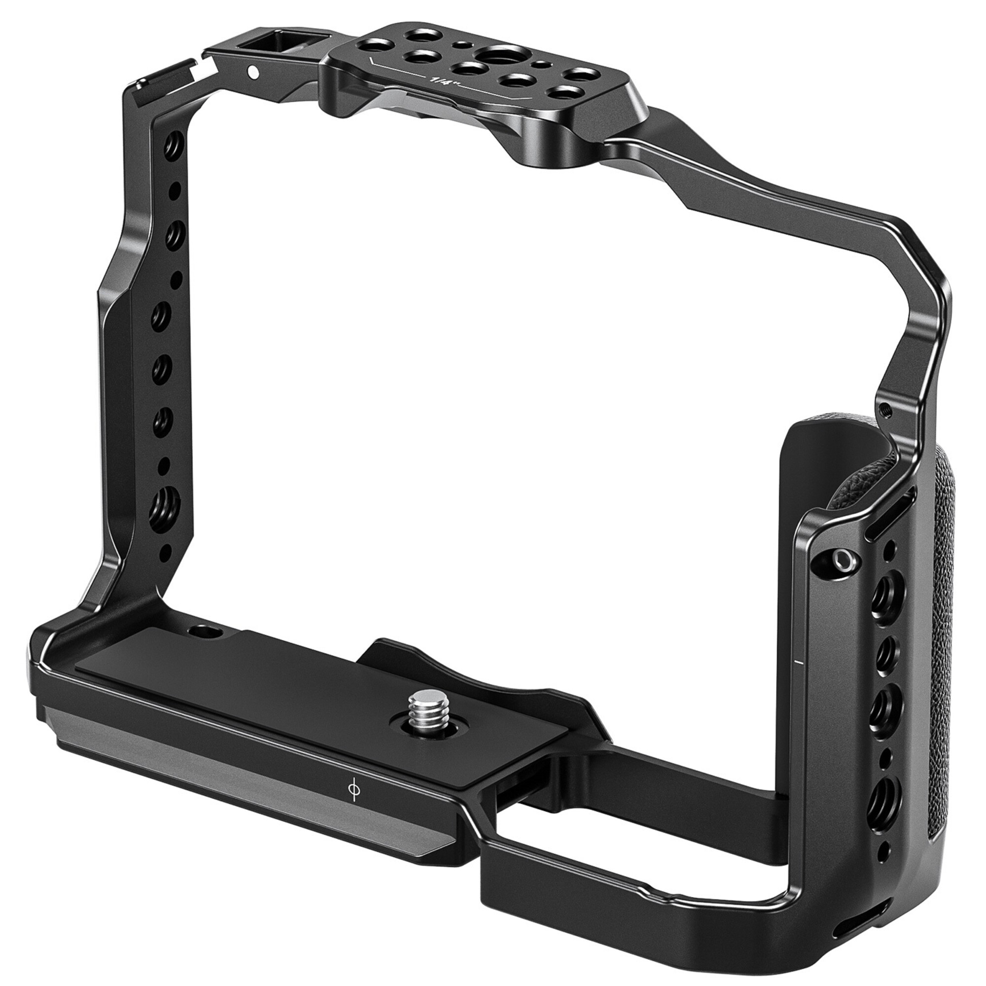 Ein schwarzer Metall-Kamerakäfig mit Befestigungspunkten und Griff.