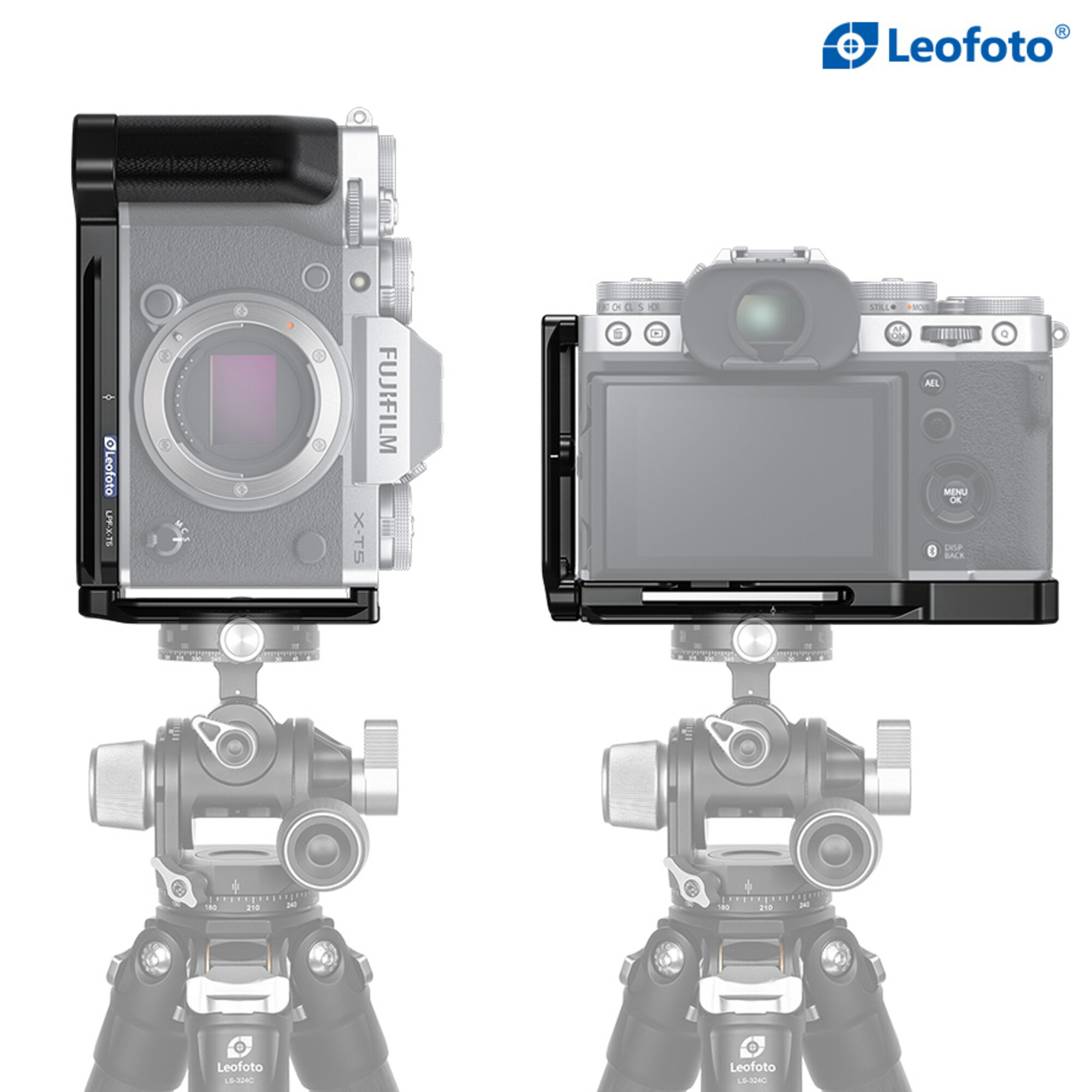Zwei Fujifilm-Kameras mit Leofoto L-Profilen, montiert auf Stativen.
