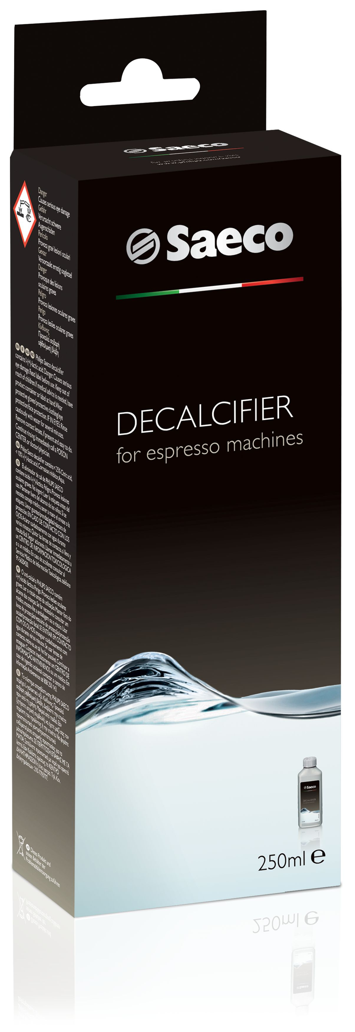Flacone decalcificante Saeco 250ml su scatola nera con design a onda d'acqua.