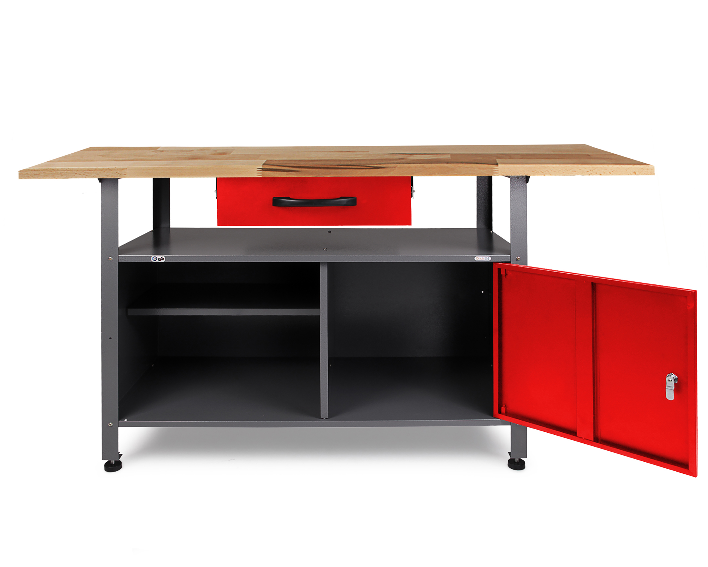 Werkbank mit Holzplatte, offenem roten Schrank und Schublade.