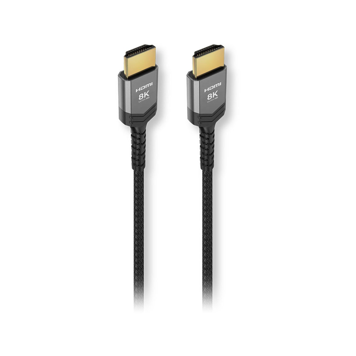 Due cavi HDMI 8K Ultra HD con connettori dorati e cavi neri intrecciati.