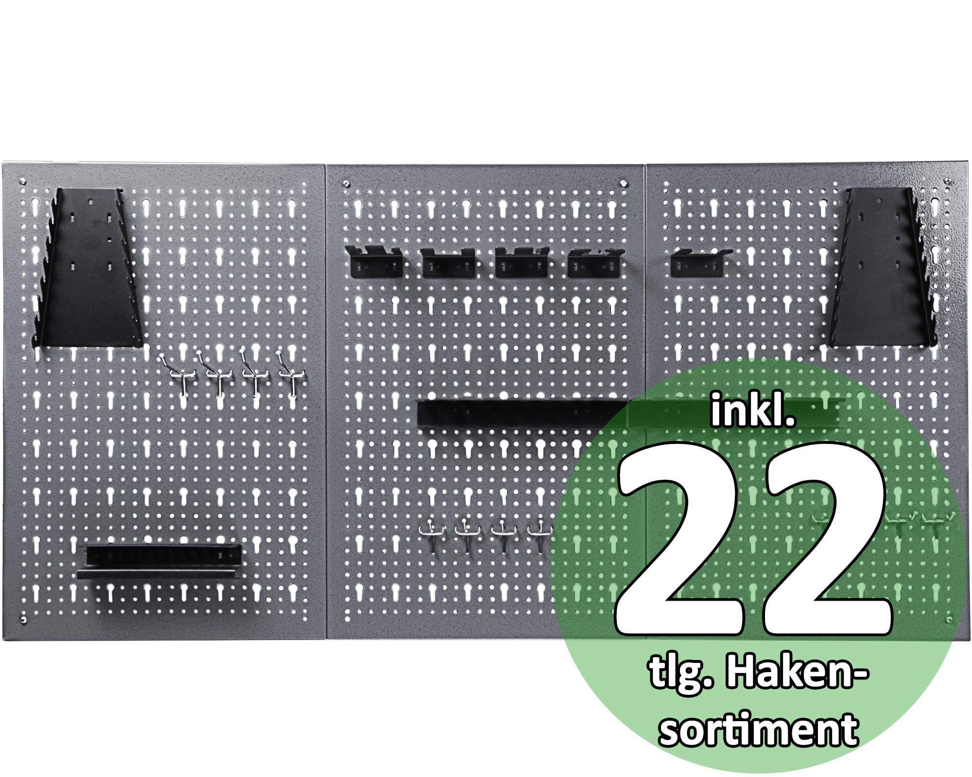 Eine graue Lochwand mit verschiedenen Haken und Halterungen. Inklusive 22 Haken.