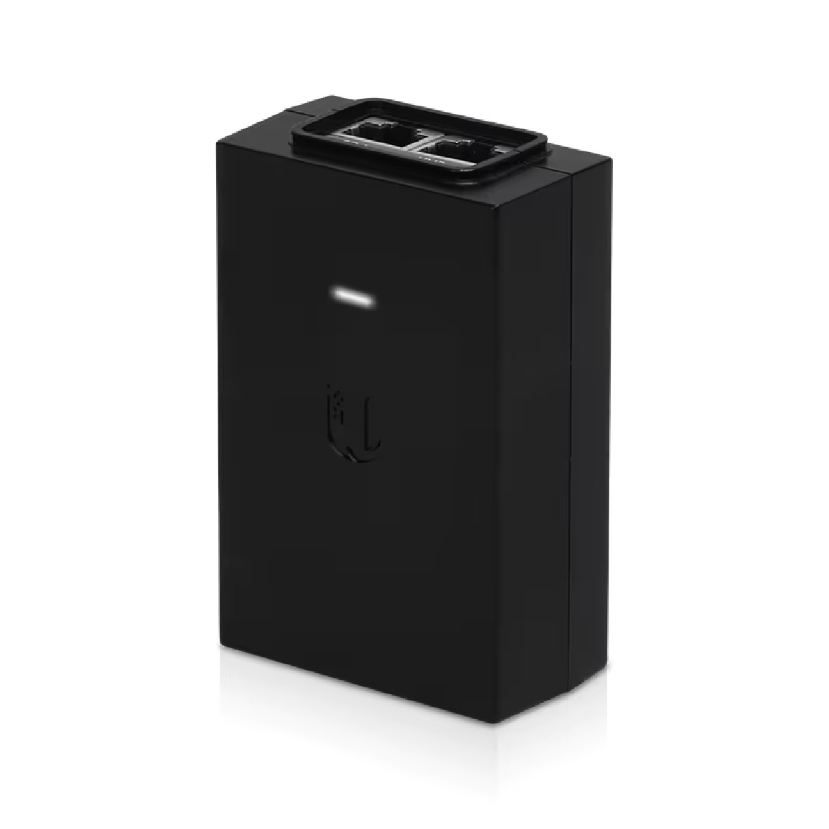 Un dispositivo rettangolare nero con due porte in cima e un logo sul davanti.
