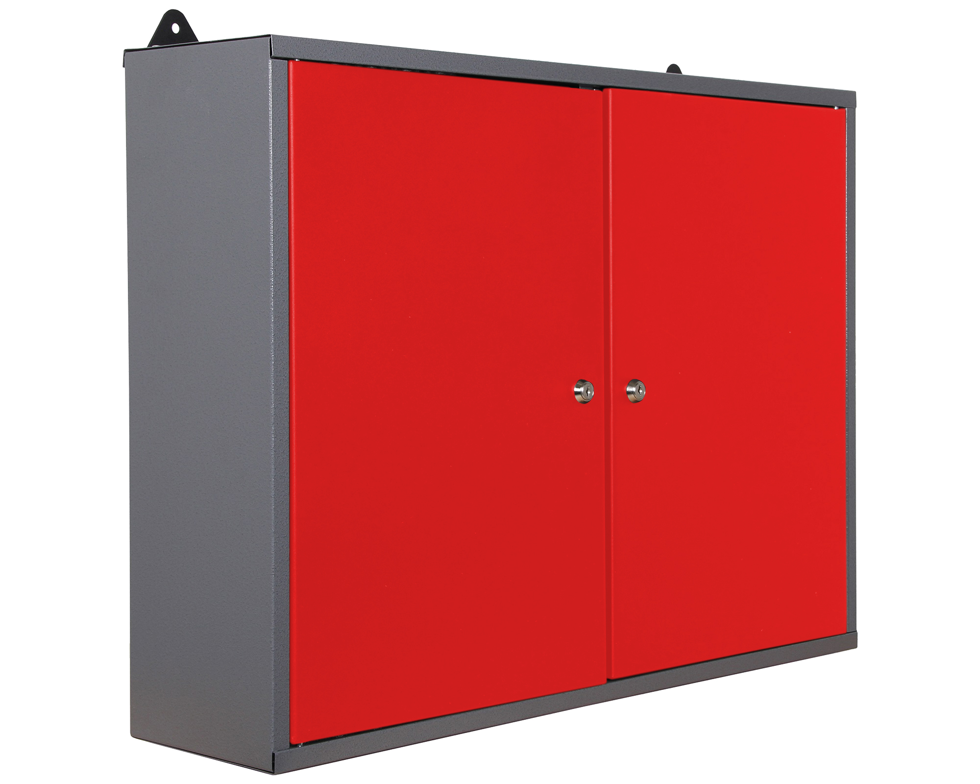 Grauer Metallschrank mit roten Türen und zwei Schlössern.