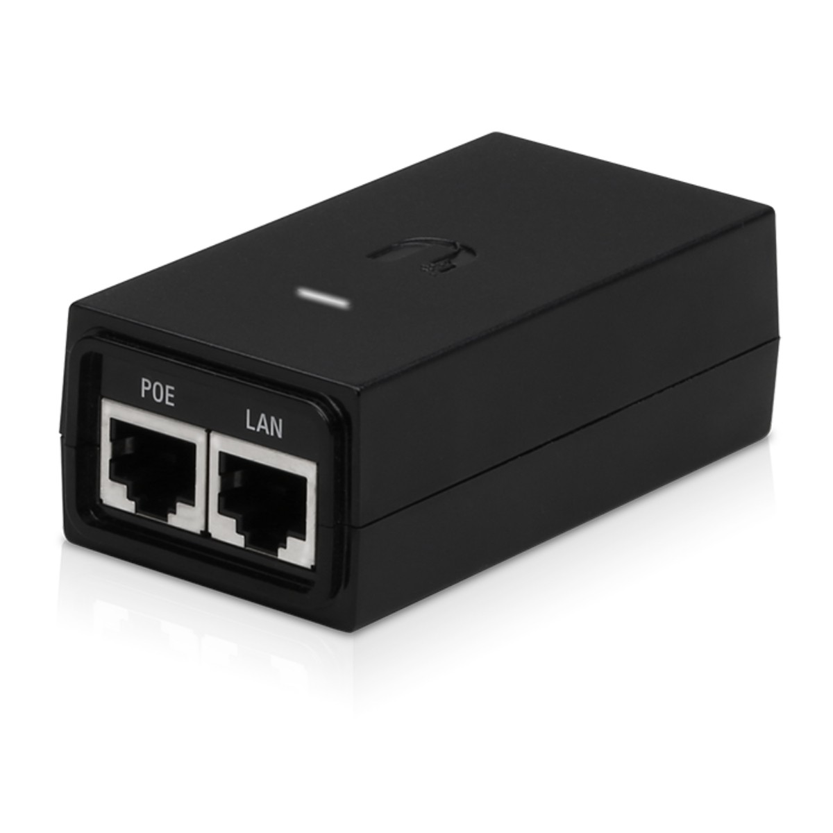 Adattatore PoE nero con due porte Ethernet etichettate POE e LAN.
