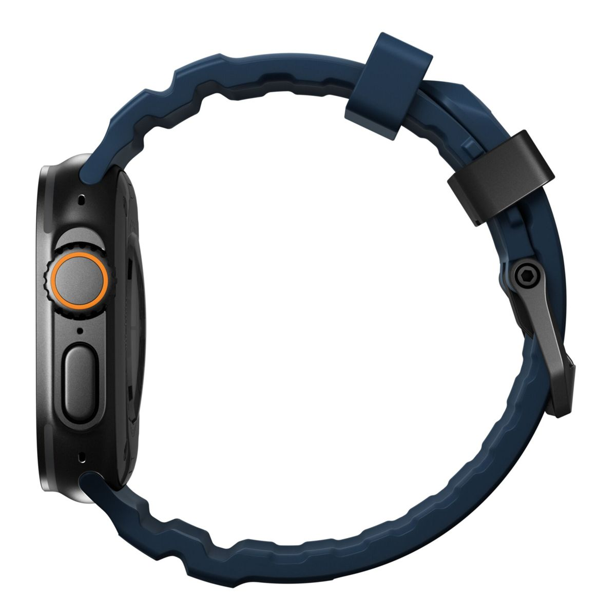 Smartwatch grigio scuro con cinturino blu e lunetta arancione.