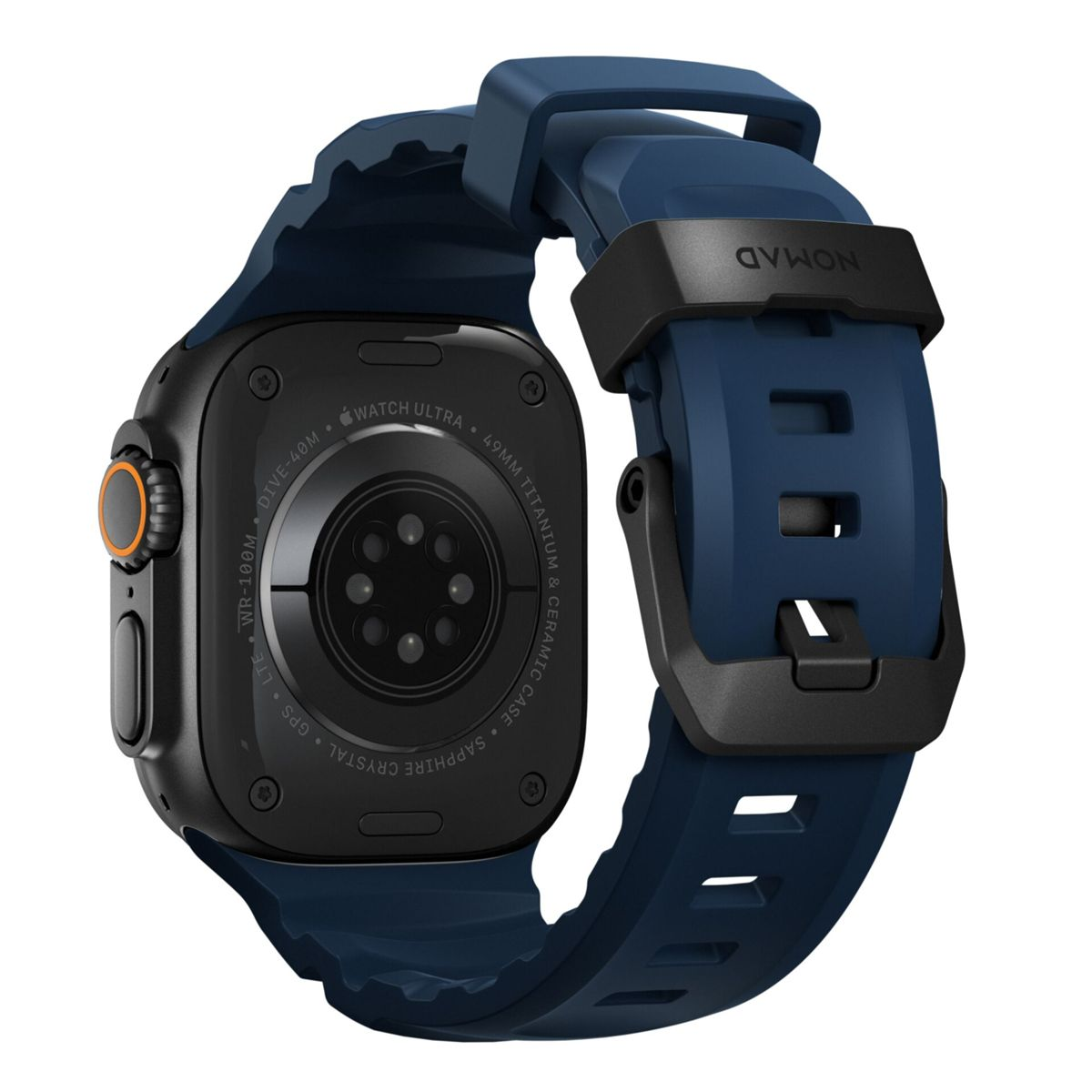 Cinturino blu scuro con fibbia nera sul retro di uno smartwatch nero.