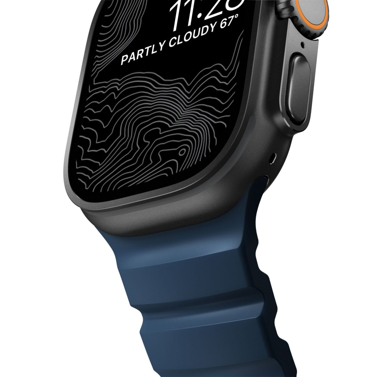 Uno smartwatch grigio scuro con cinturino blu mostra 11:28, parzialmente nuvoloso 67°.