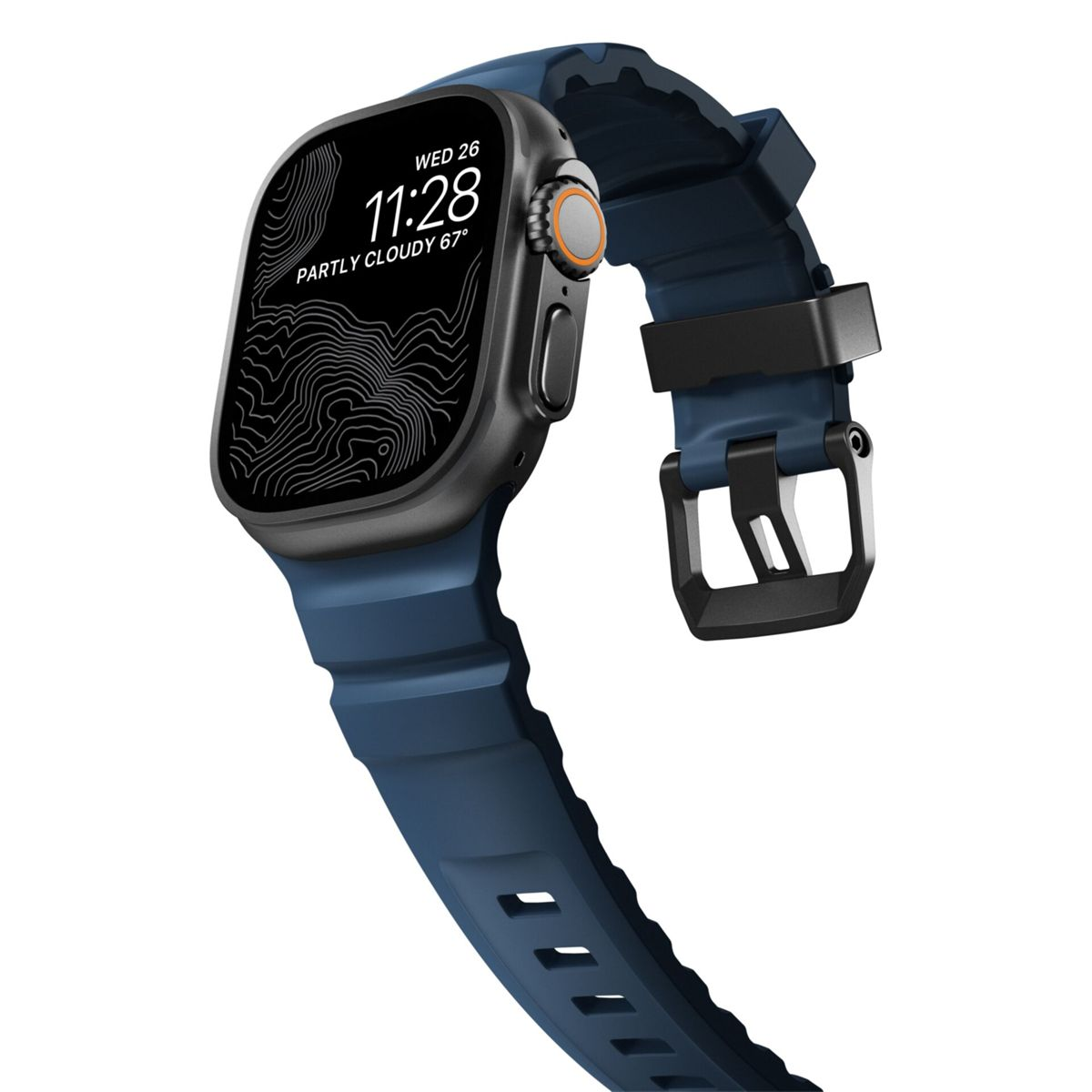 Uno smartwatch grigio scuro con cinturino blu. Lo schermo mostra le 11:28 e il meteo.