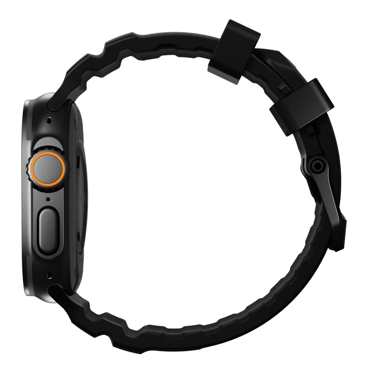Vista lateral de un reloj inteligente negro con botón de anillo naranja y correa negra texturizada.
