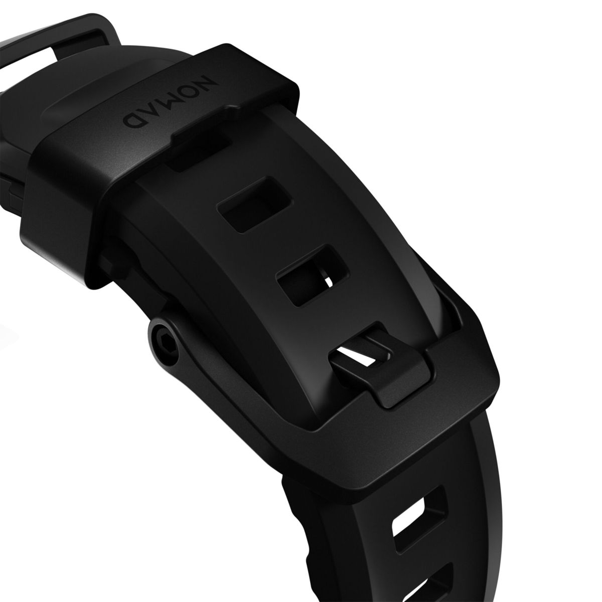 Primer plano de una hebilla de correa de reloj negra con el logo "NOMAD".