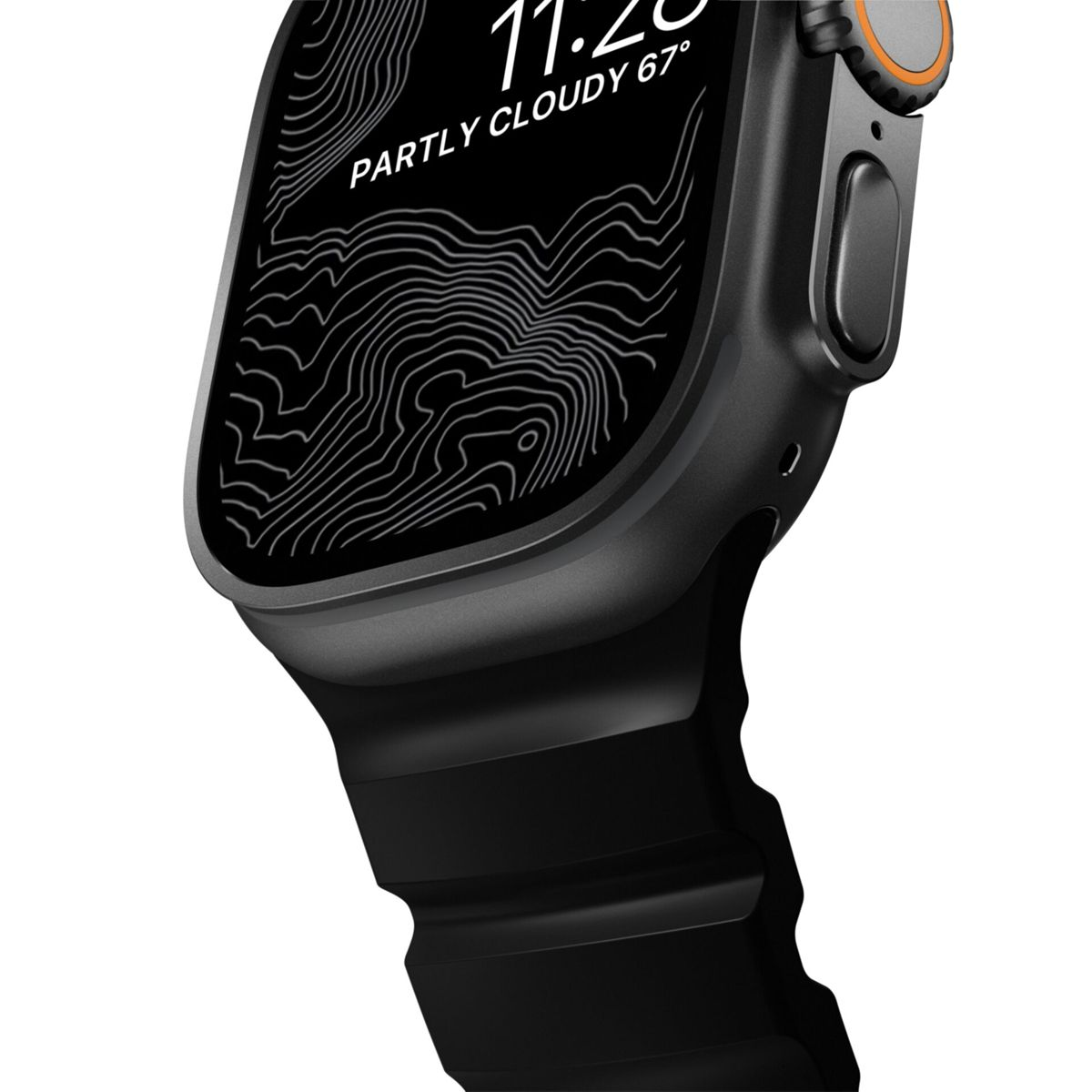 Un reloj inteligente negro con mapa topográfico e información del tiempo.