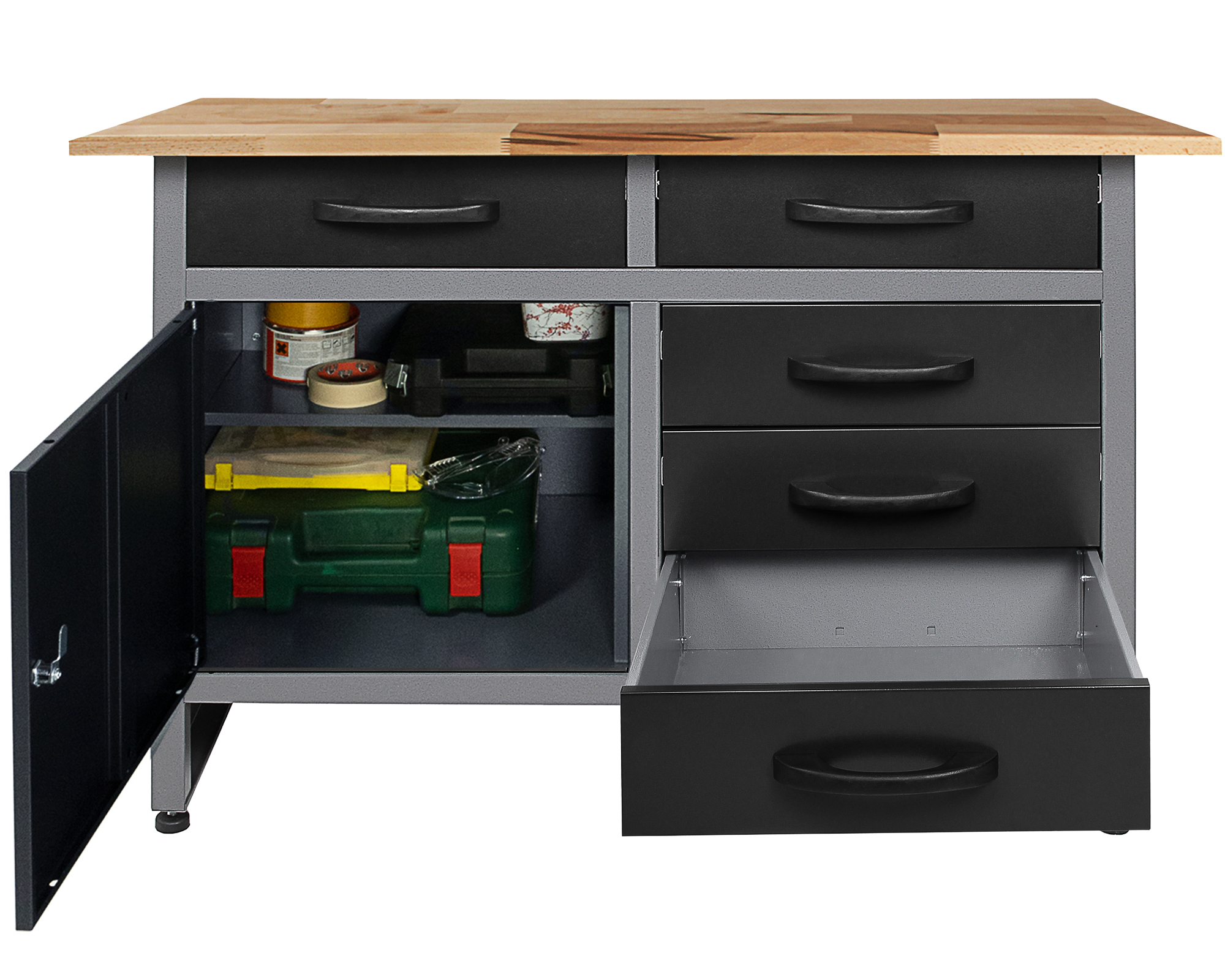 Werkzeugschrank mit Holzkontaktplatte, offenen Türen und Schubladen.