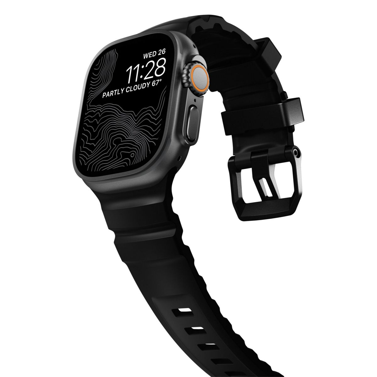 Un reloj inteligente negro con mapa topográfico en pantalla y detalles naranjas.