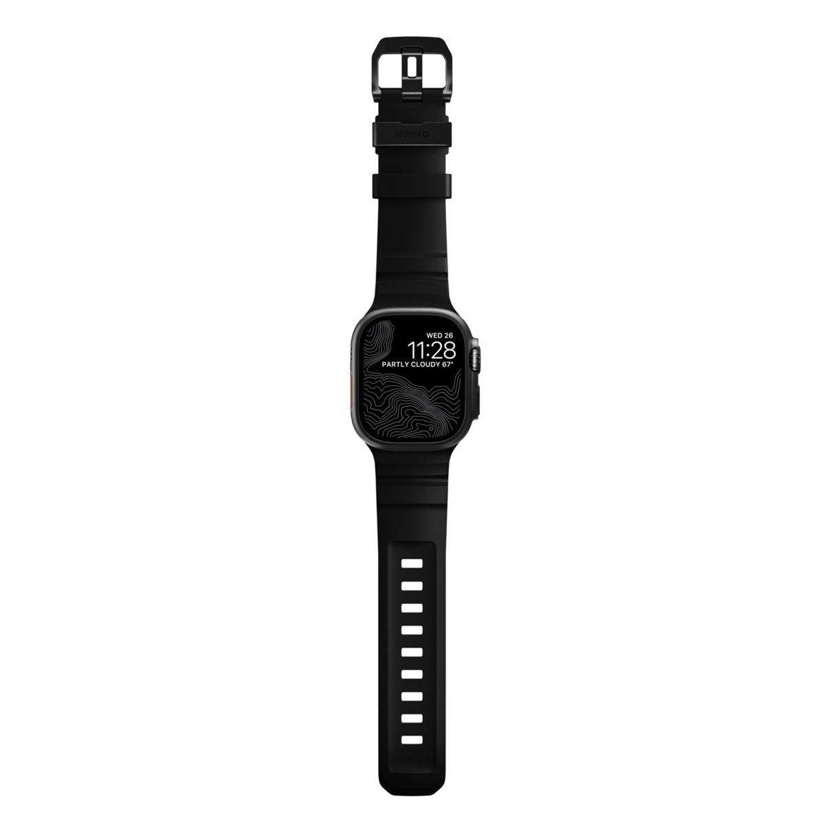 Reloj inteligente negro con correa negra y mapa topográfico en pantalla.