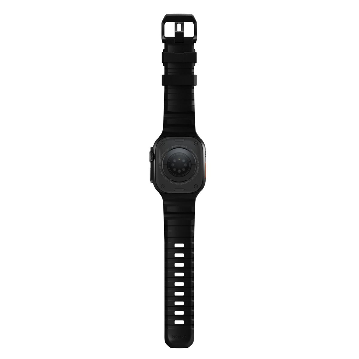 Reloj inteligente negro con banda negra, mostrando el reverso de la esfera y sensores.