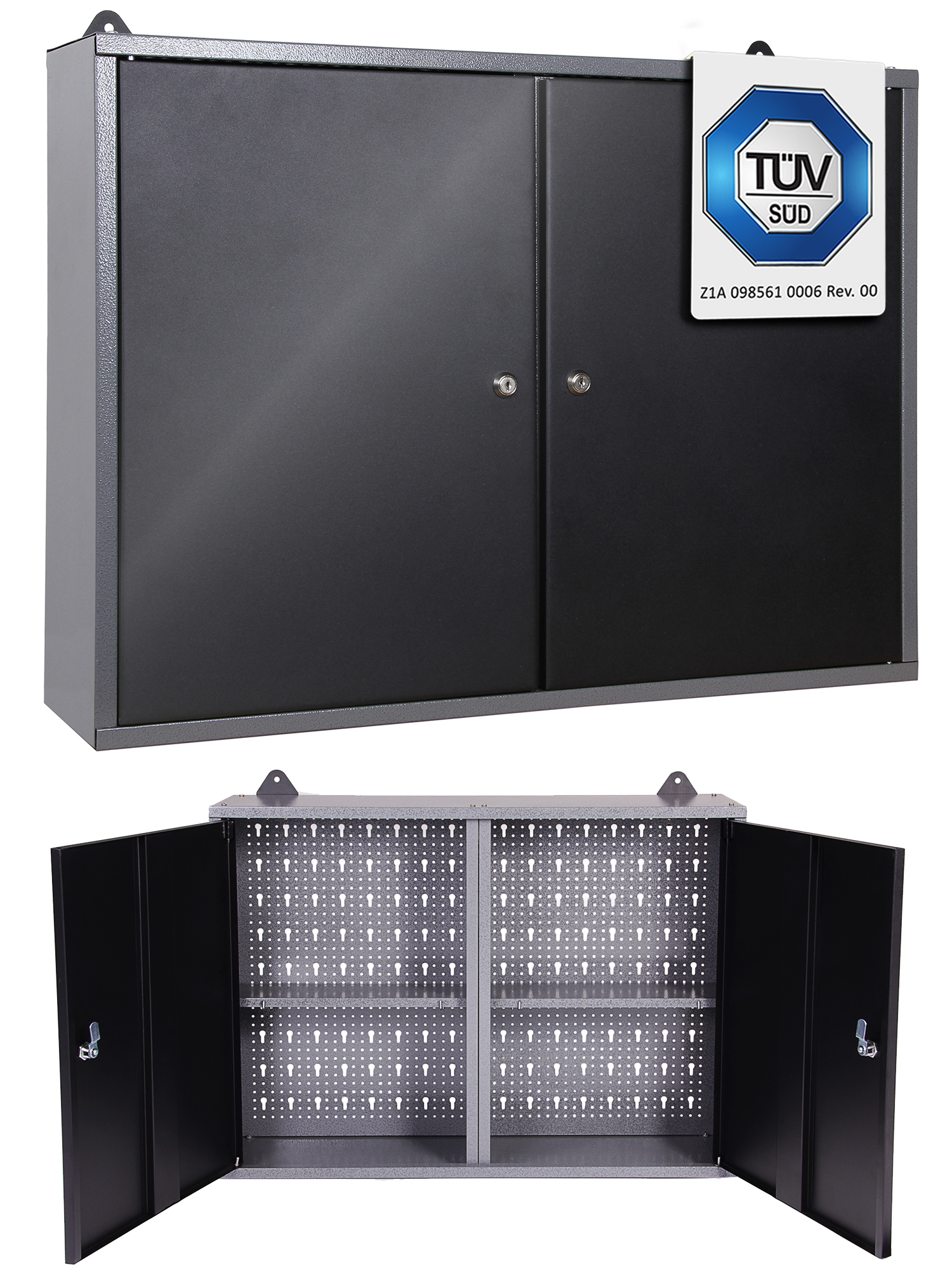 Ein geschlossener grauer Metallschrank mit zwei Türen und einem TÜV SÜD-Logo. Das untere Bild zeigt ihn geöffnet, mit Regalen und einer Lochwand innen.