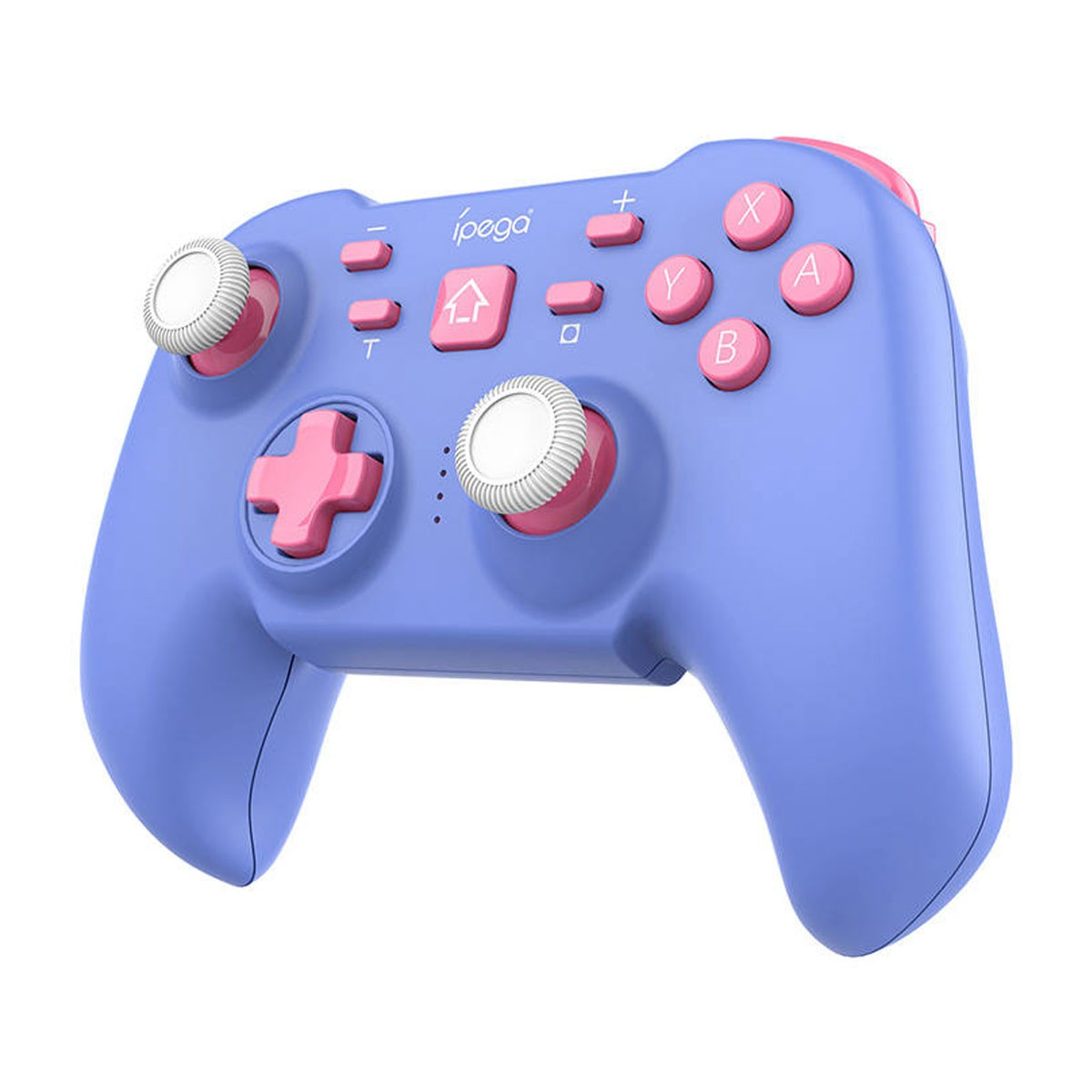 Un controller di gioco lavanda con pulsanti, accenti e joystick rosa.