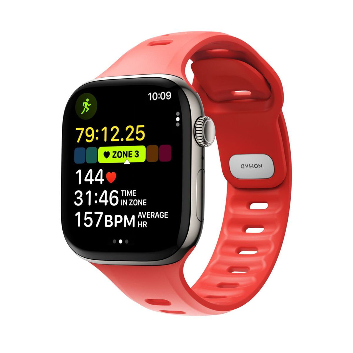 Uno smartwatch rosso mostra dati di allenamento: 79:12.25 durata, Zona 3, 144 bpm, 31:46 in zona.