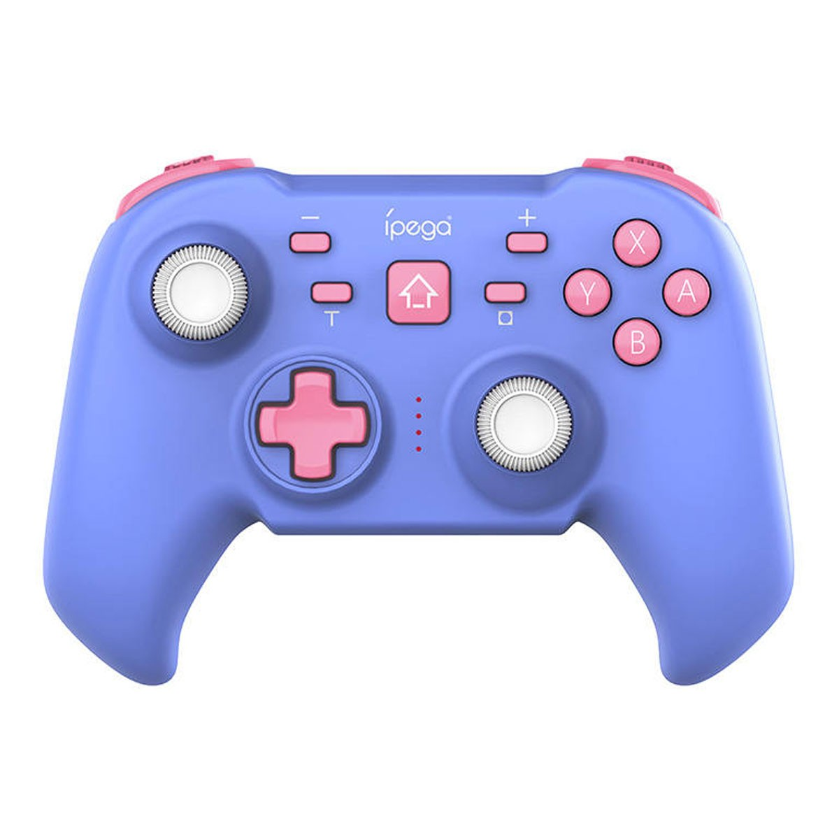 Un controller di gioco viola marca ipega con pulsanti e cappucci joystick rosa.