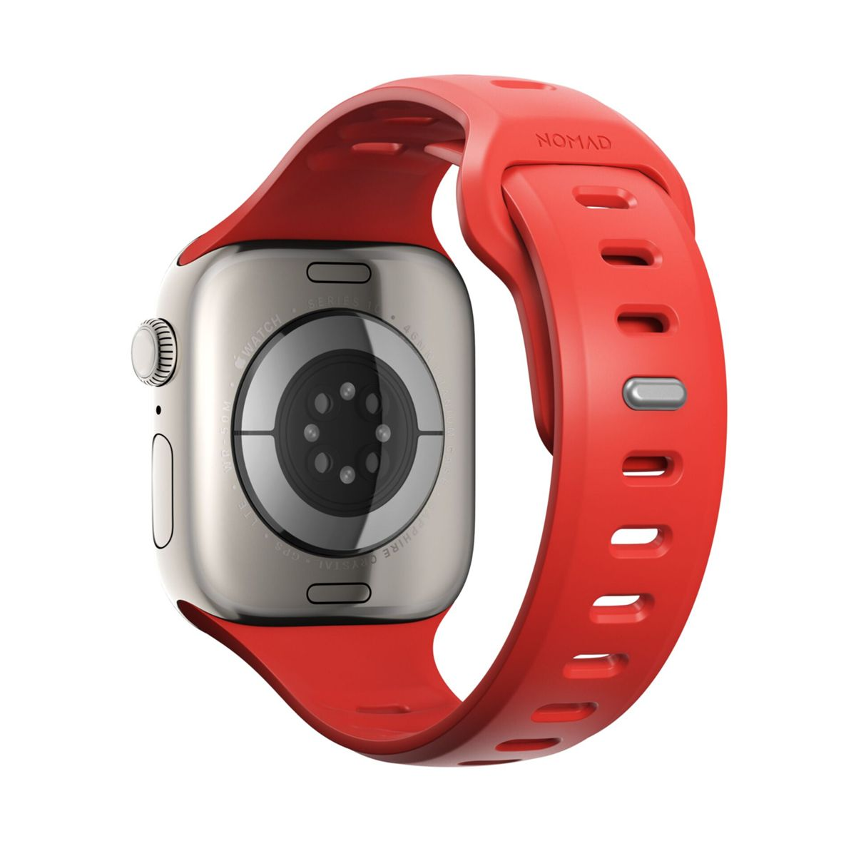 Un Apple Watch argento con cinturino rosso Nomad è mostrato, isolato su sfondo bianco.