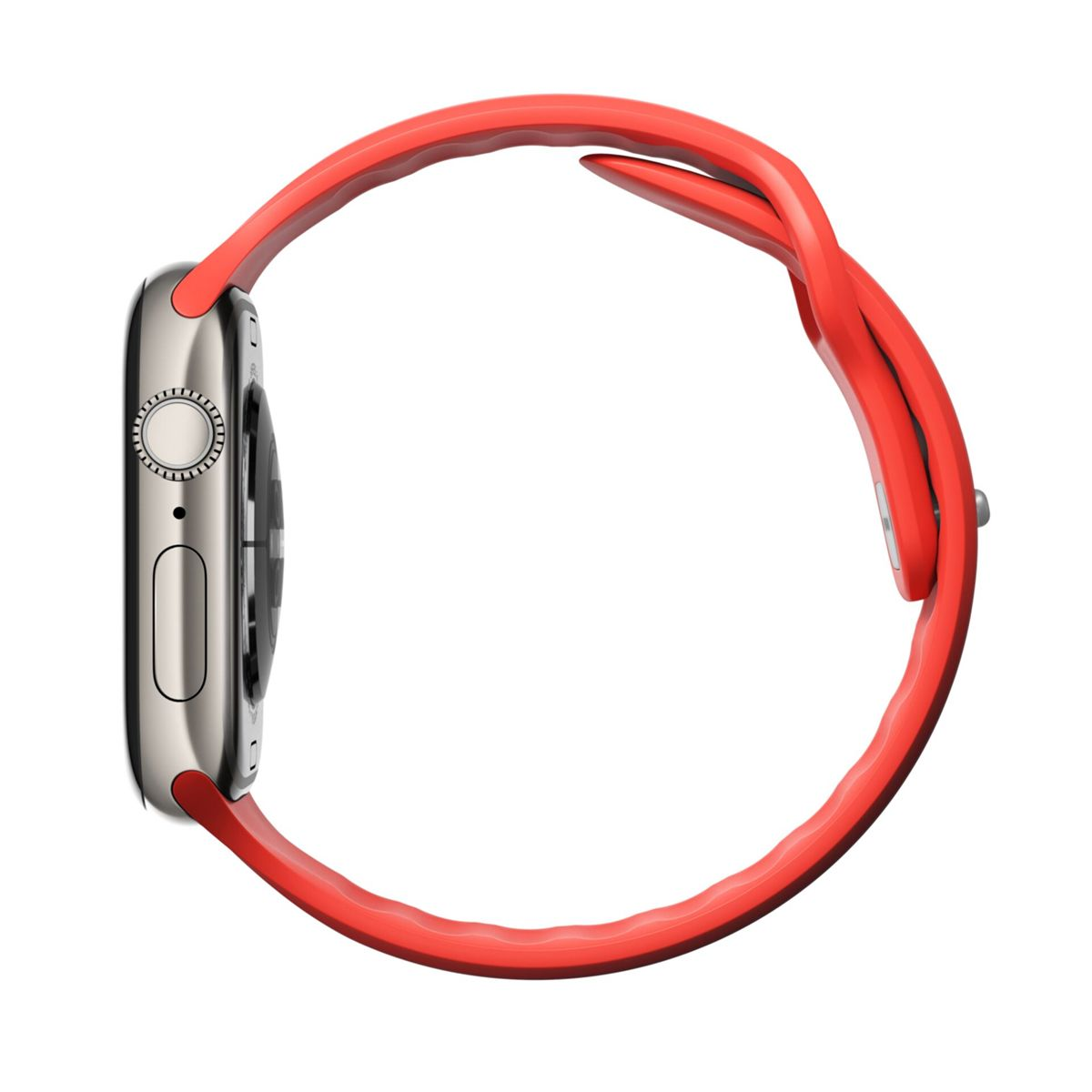 Uno smartwatch argentato con cinturino rosso visto di lato su sfondo bianco.