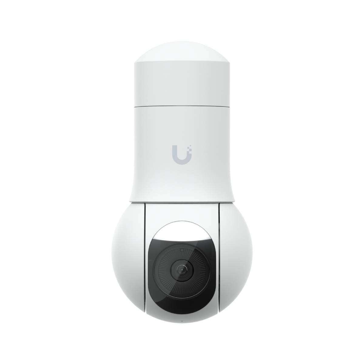 A white smart camera with a rotating lens and a logo on its body.