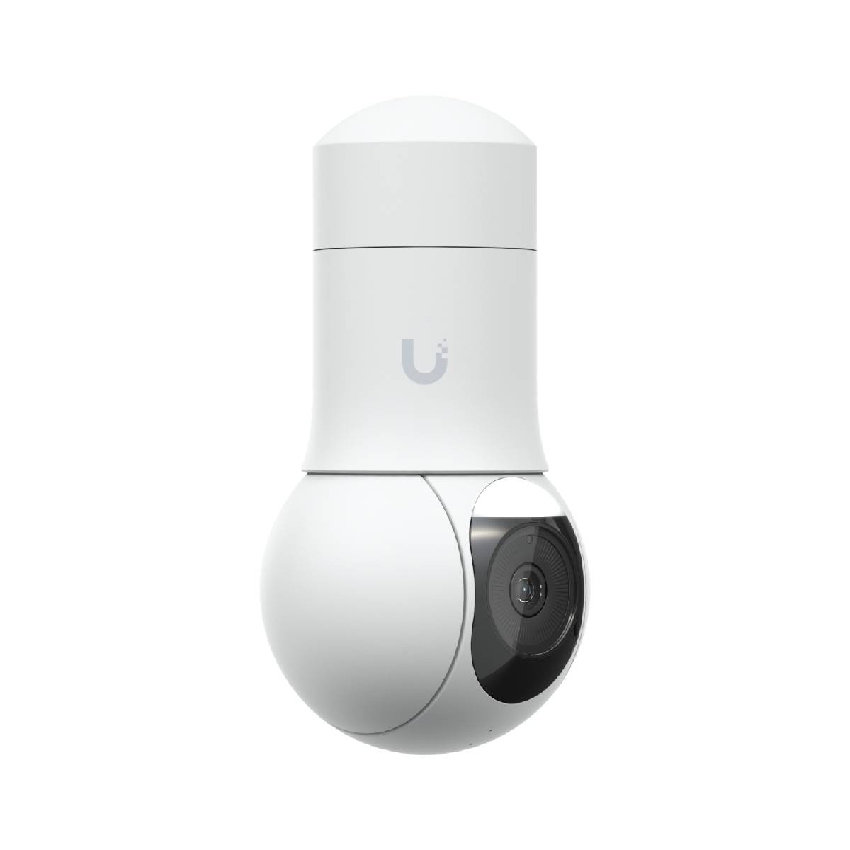 A white security camera with a round base and a spherical housing.